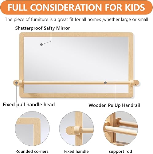 Miniatura 5 de Montessori - Espejo para bebé con barra de dominadas, espejo de madera para gimnasio y guardería, inastillable para guardería, escuela en casa o