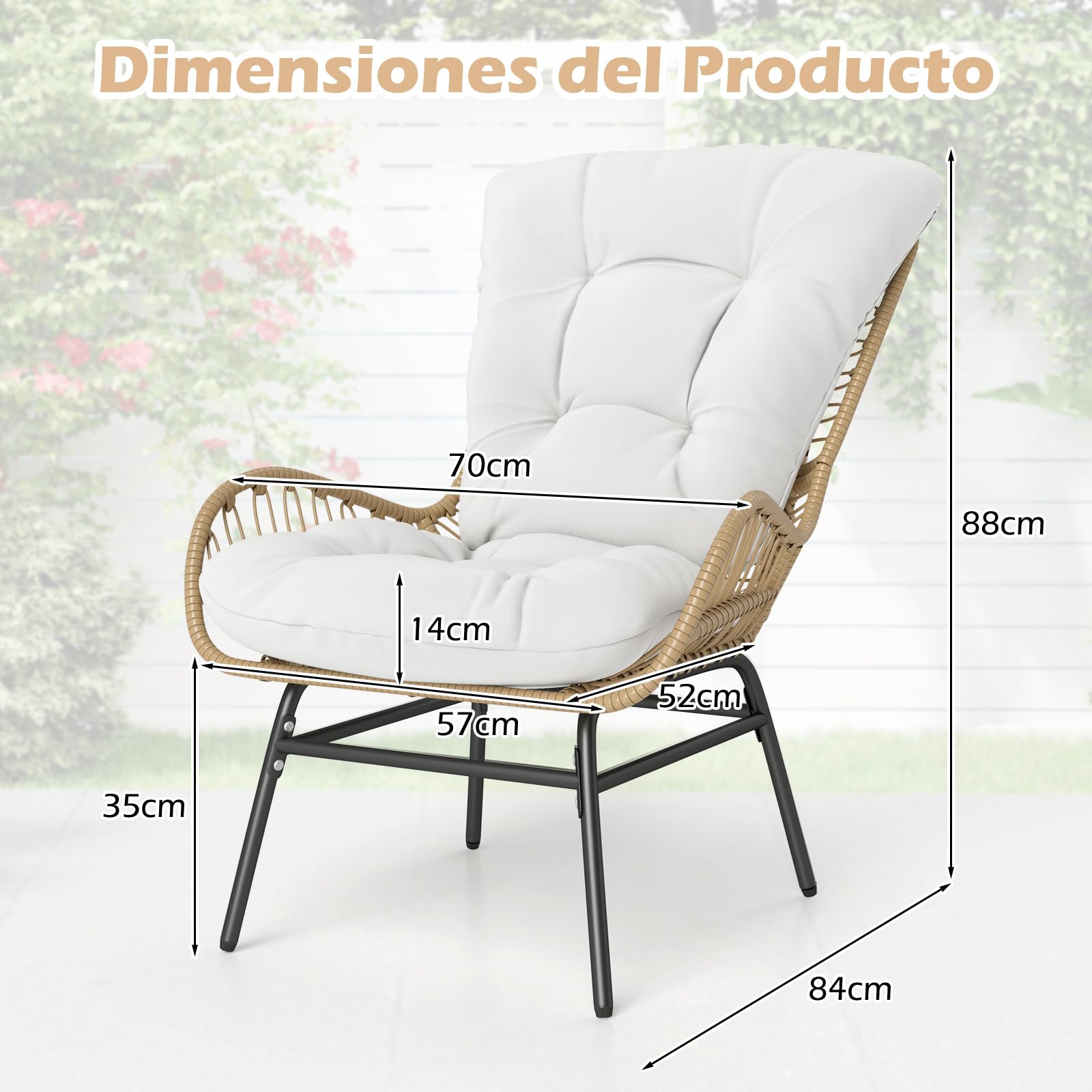 COSTWAY Sillon de Ratan con Cojin, Marco Metálico, Sillones para el Salón, Butaca Dormitorio Jardin Terraza Interior Exterior, 84 x 68 x 87 cm, Carga 180kg, Natural (1)