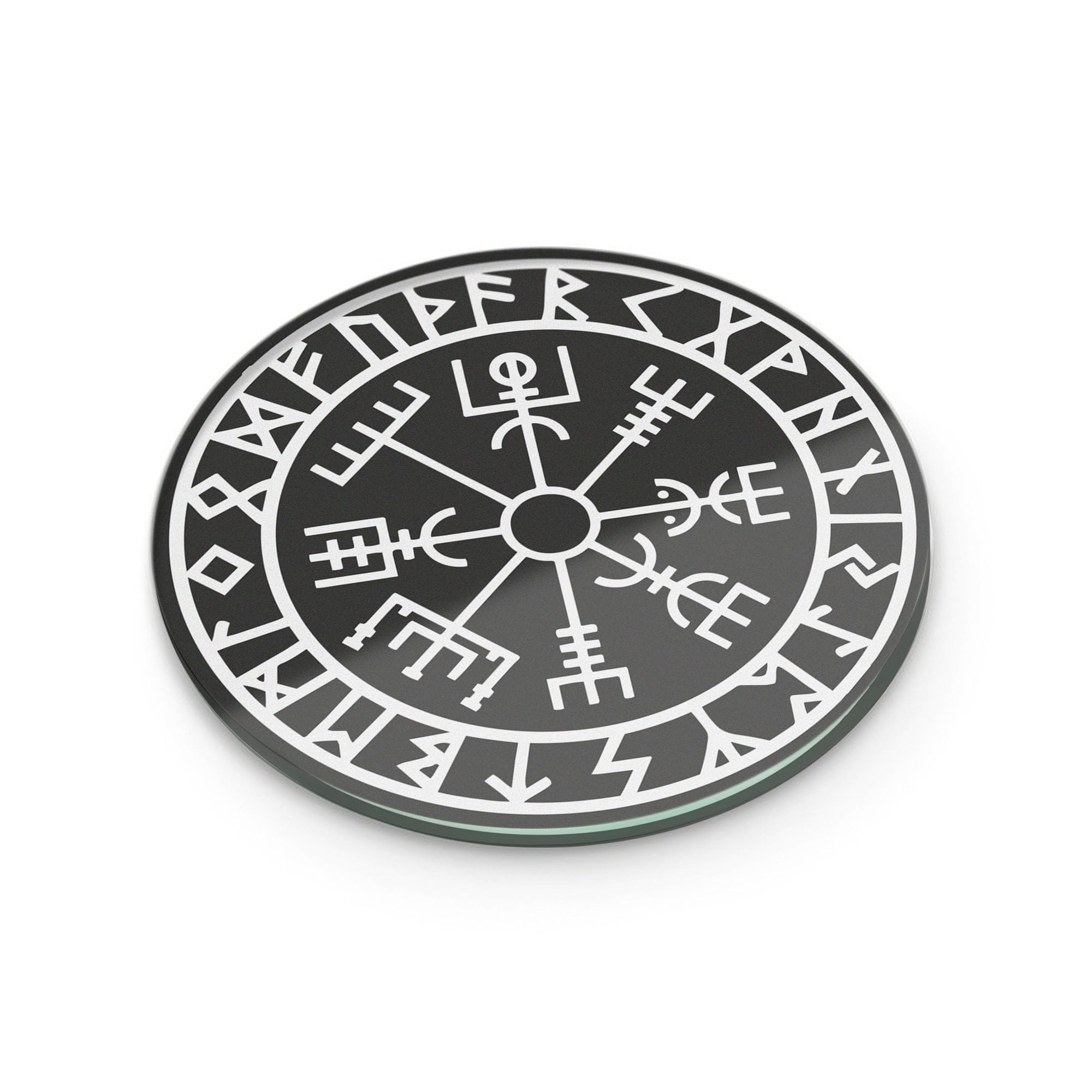 Viking Compass Glass Coaster Round Tempered Glass Vegvisir Norse Rune Symbol Nordic Mythology Gift Valhalla Style Home Bar Accessory (Plain Packaging)