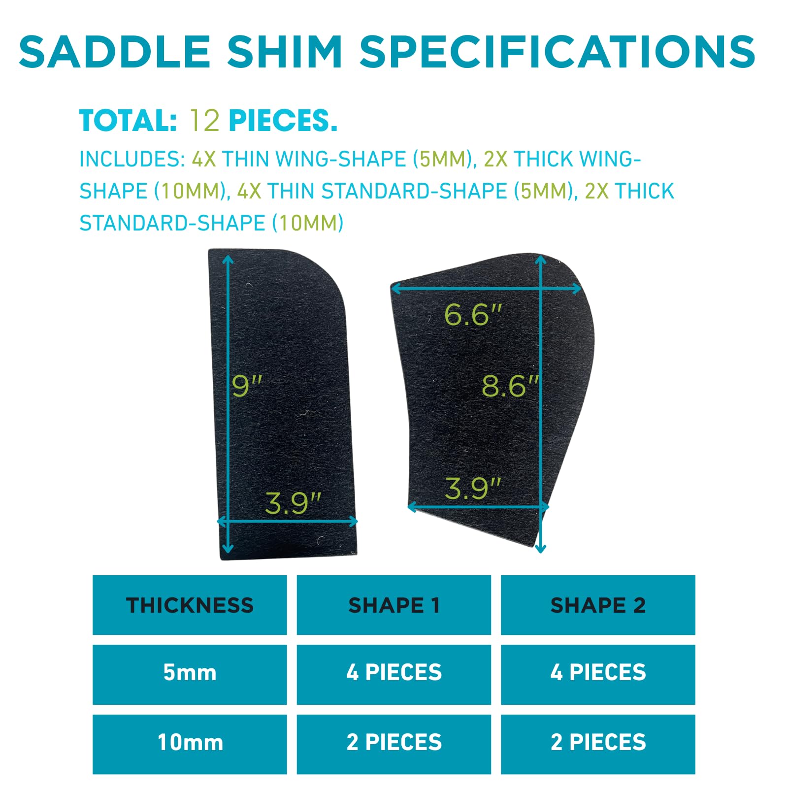 Petcci Felt Shims for English & Western Saddle Pad, Adjustable 5mm & 10mm Balance Pads for Horses, Shock Absorbing & Breathable Fit Pad Horse Saddle Correction System Black 12-Piece - 2