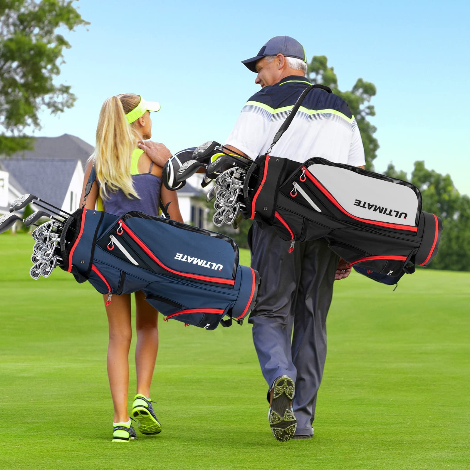 LIFEZEAL Golftasche, Cartbag mit 14 Teilern & 8 Taschen, Golfreisetasche mit Regenabdeckung, Golf Standbag mit Griff & Rückengurt, Ideal für Golfplatz & Reisen