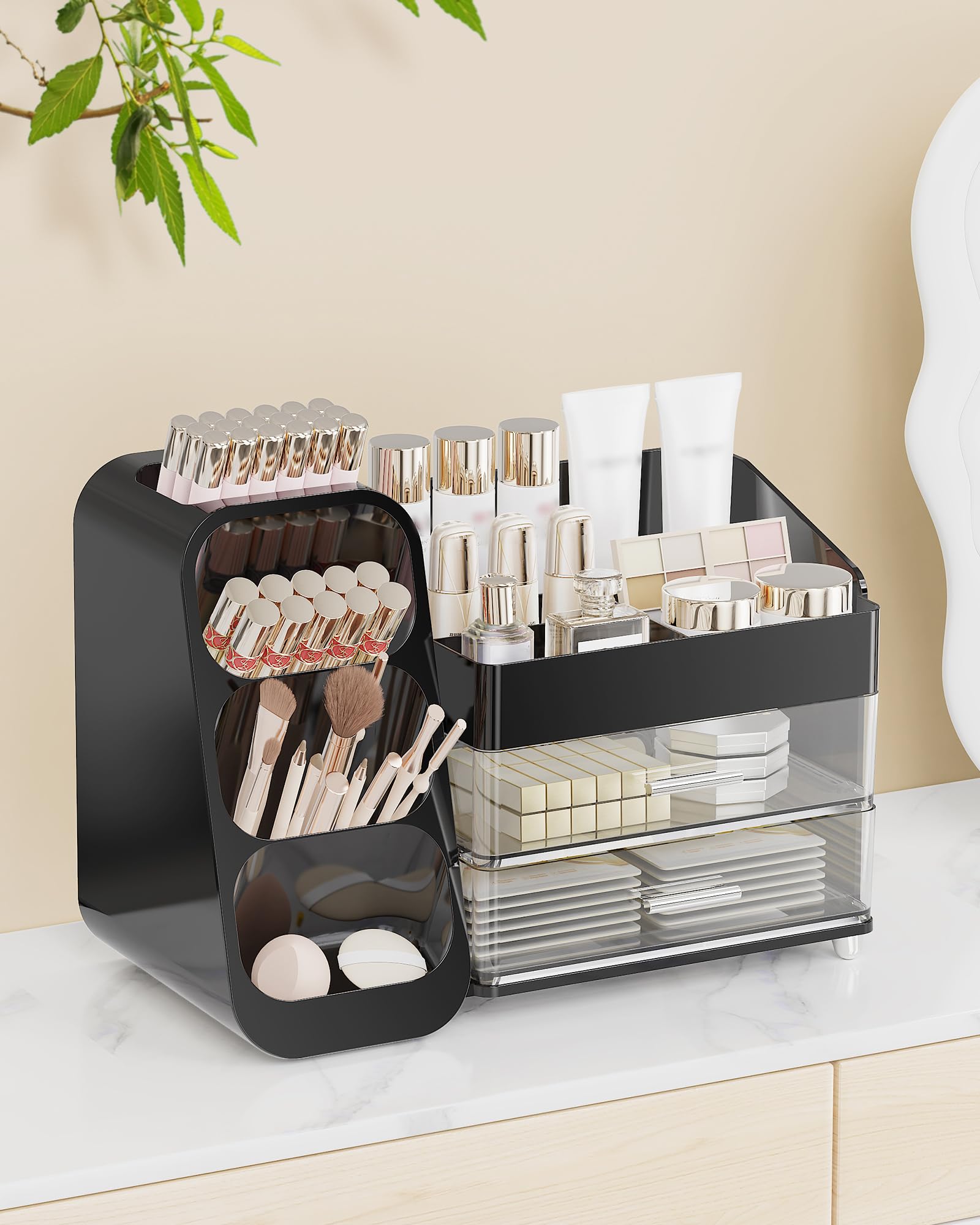 Anylady Makeup Organizer with Drawers, Skincare Organizer (Large Size Thick), Storage Box Cosmetic Display Cases, Make up Organizers for Vanity, Dresser, Desk, Kitchen, Countertop (black): Black