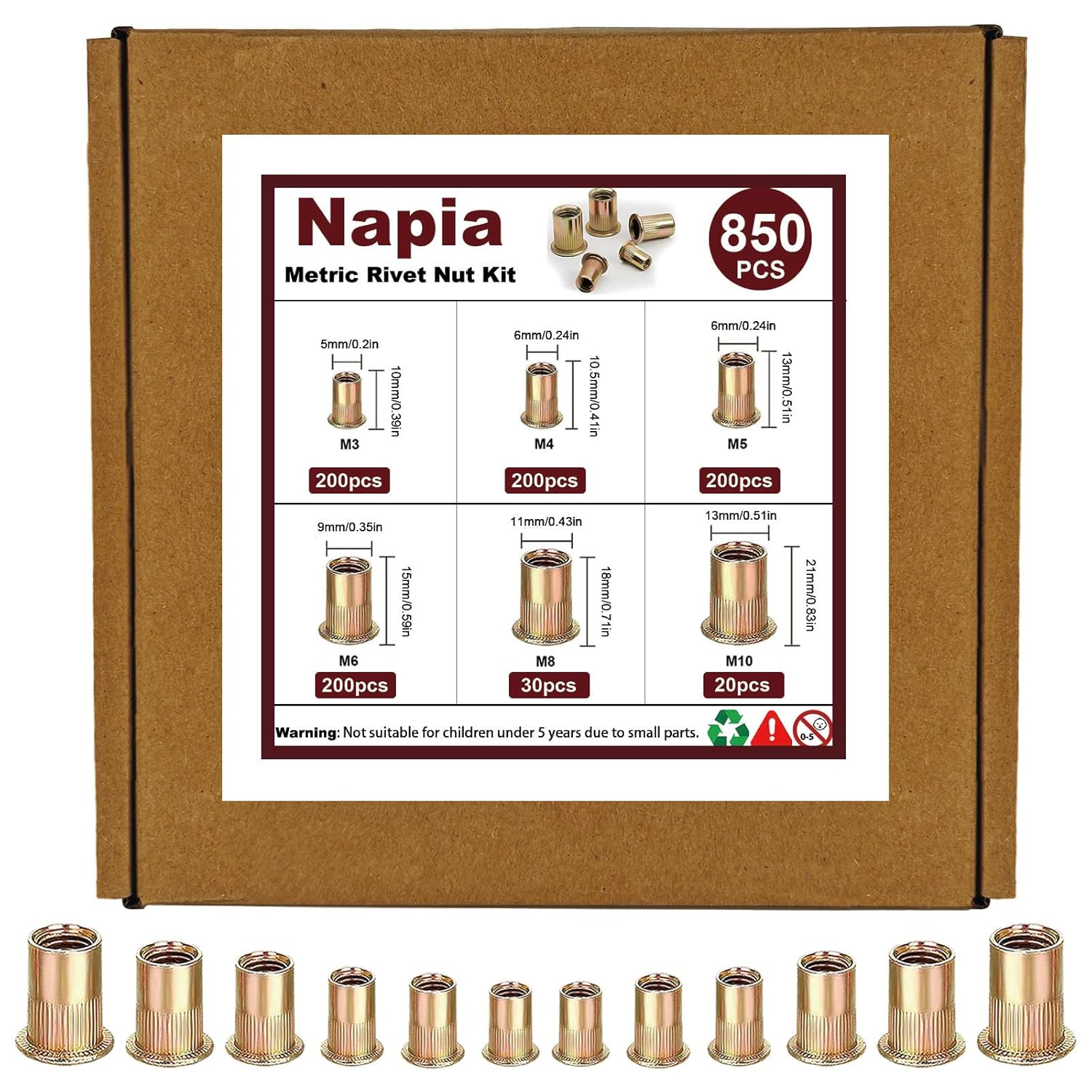 Rivet Nut Tool Kit Rivnut - Napia 850pcs Metric Rivnut Tool Kit M3, M4, M5, M6, M8, M10 RIV Nuts, Carbon Steel Flat Head Hardware Nuts Threaded Inserts for Metal