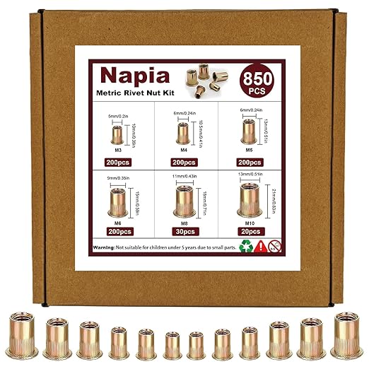 Kit de Tuercas de Remache Napia - 850 Piezas M3 a M10, Acero miniatura 8