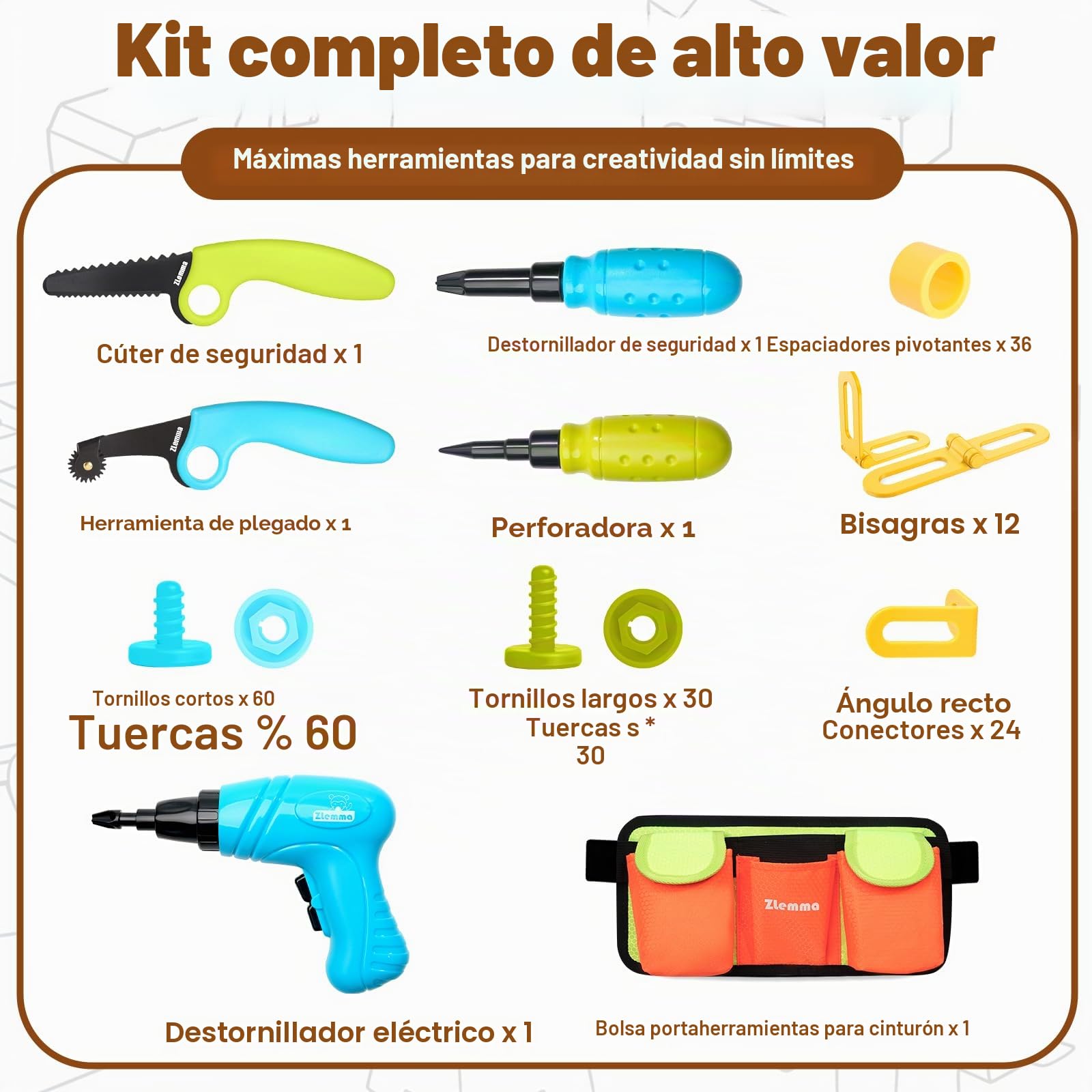 Kit de Herramientas de Cartón para Niños - Caja de Herramientas de Construcción de Cartón de 258 Piezas - con Taladro, Sierra de Seguridad, Punzón, Bisagras y Tornillo, Bolsa de Cintura