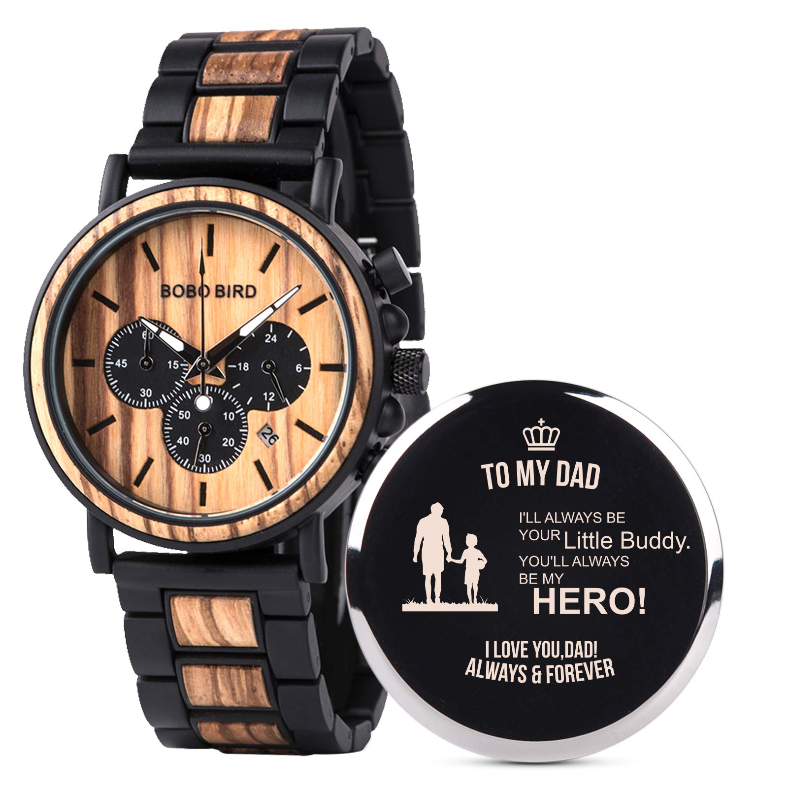 BOBO BIRD - Orologio da polso da uomo, con incisione personalizzata, in legno e acciaio inox, stile casual, al quarzo, da uomo, famiglia e amici B-For Dad From Fon