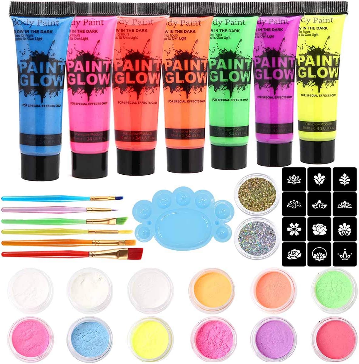 COKOHAPPY UV & Black Light Face & Body Neon Fluorescent Paint Kit (7/0.34oz), 12 Colors Glow In The Dark Pigment Powder with All Accessories Included