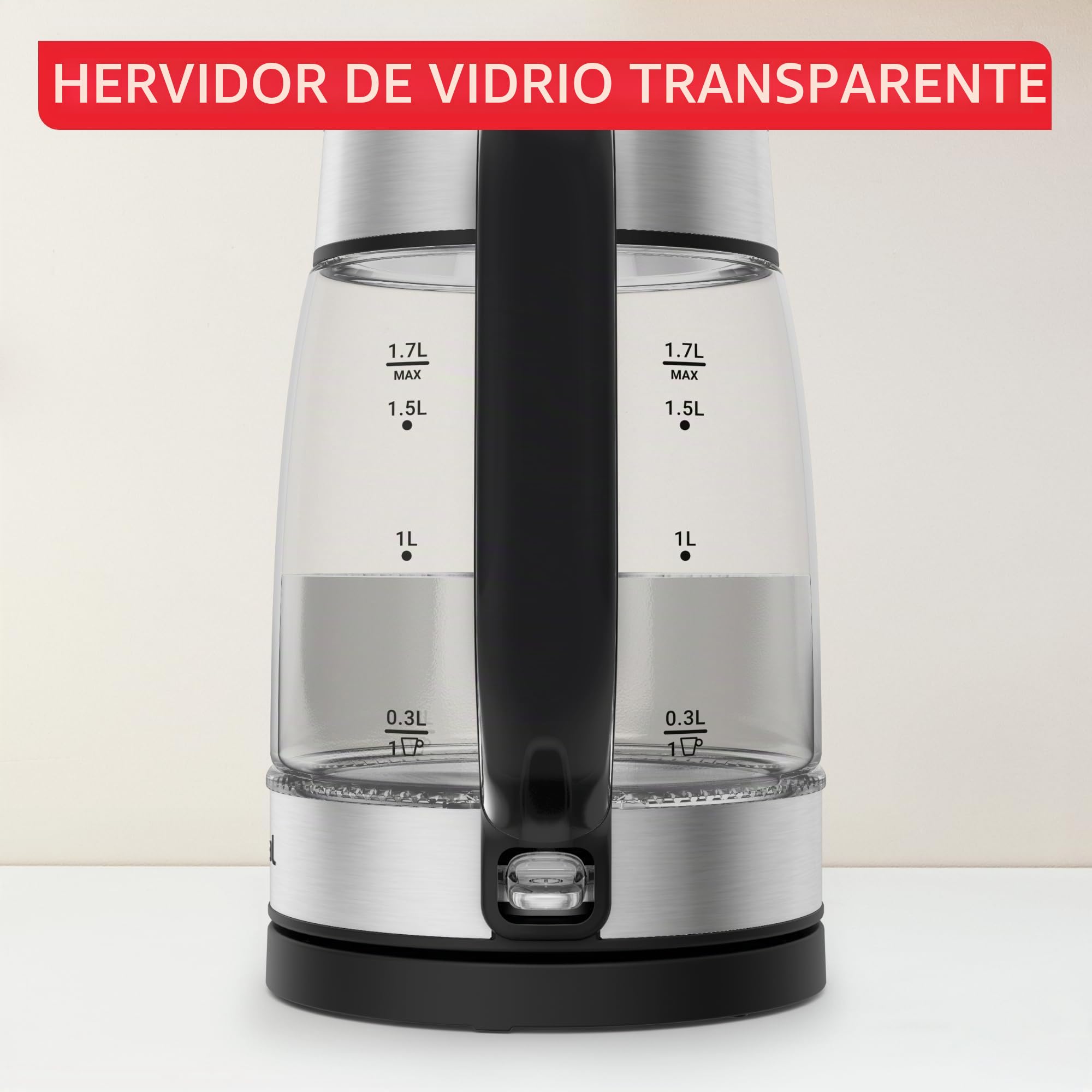 Tefal KI6058 Glass Kettle, hervidor eléctrico, marcas de medición, capacidad de 1,7 litros, fácil de limpiar, negro