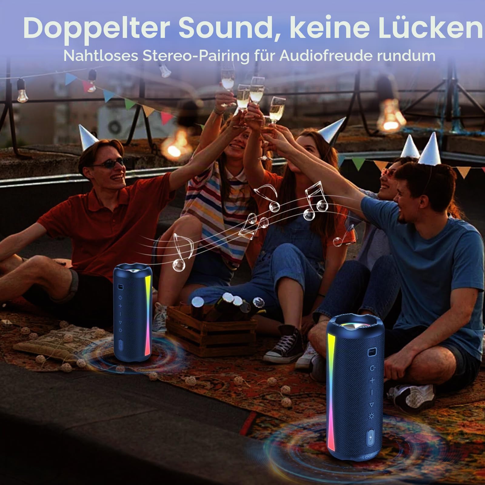 Bluetooth Lautsprecher mit Licht, Bluetooth 5.4 Musikbox, 30W Dual Lautsprecher, Dualen Bass-Treibern, 30 Std Akku, IPX7 wasserdicht, TWS Paarung