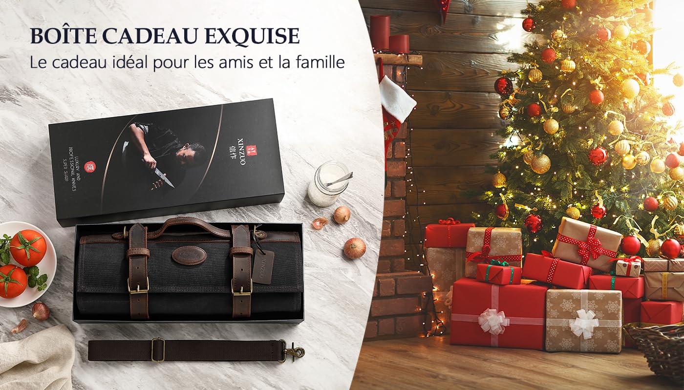 XINZUO Couteau de Chef Roll Sac Noir,12 Emplacements,Toile Cirée Imperméable 16oz et Cuir,Rouleau de Couteaux de Voyage pour Chef, Sac de Rangement Portable pour Couteaux de Cuisine (Pas de Couteau)