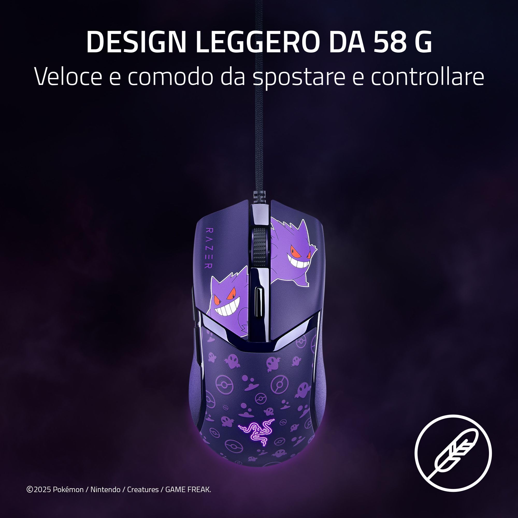 Razer Cobra Gengar Edition - Mouse da gioco leggero con cavo - Sensore da 8500 DPI - 58 g - Interruttori ottici di terza generazione - Illuminazione Chroma - Cavo Speedflex - PC/MAC | Pokémon Gengar