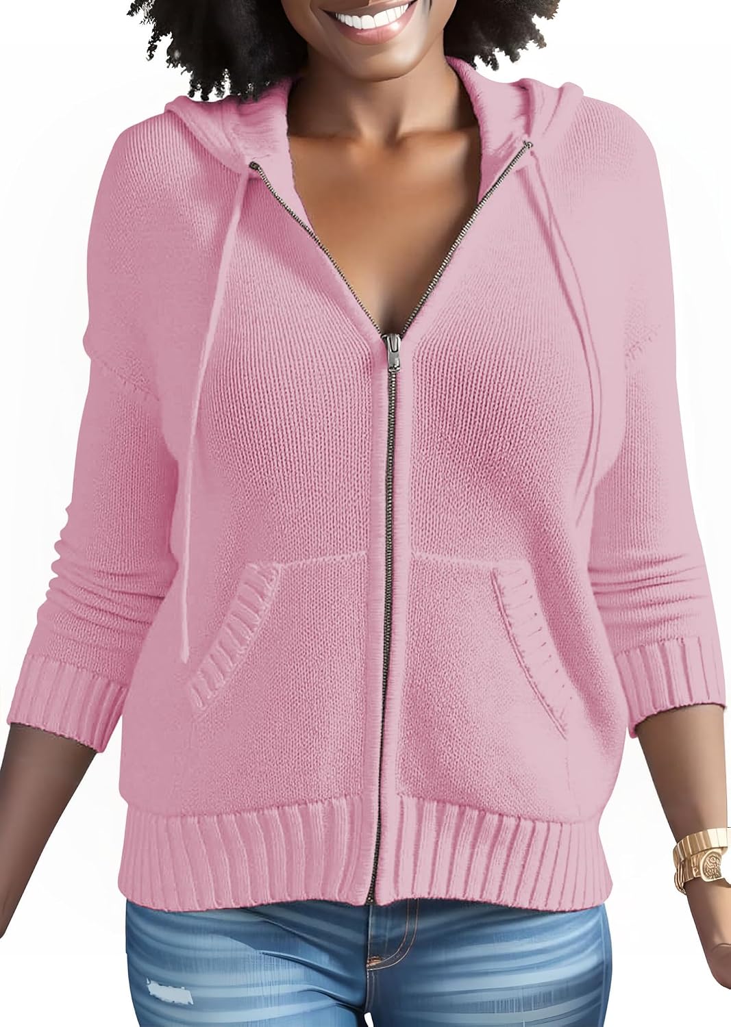 Nimsruc Sweater Zip Up Hoodie Women Knit Casual Jackets Long Sleeve Fall Winter Sweatshirts Wiht Pockets Pink L