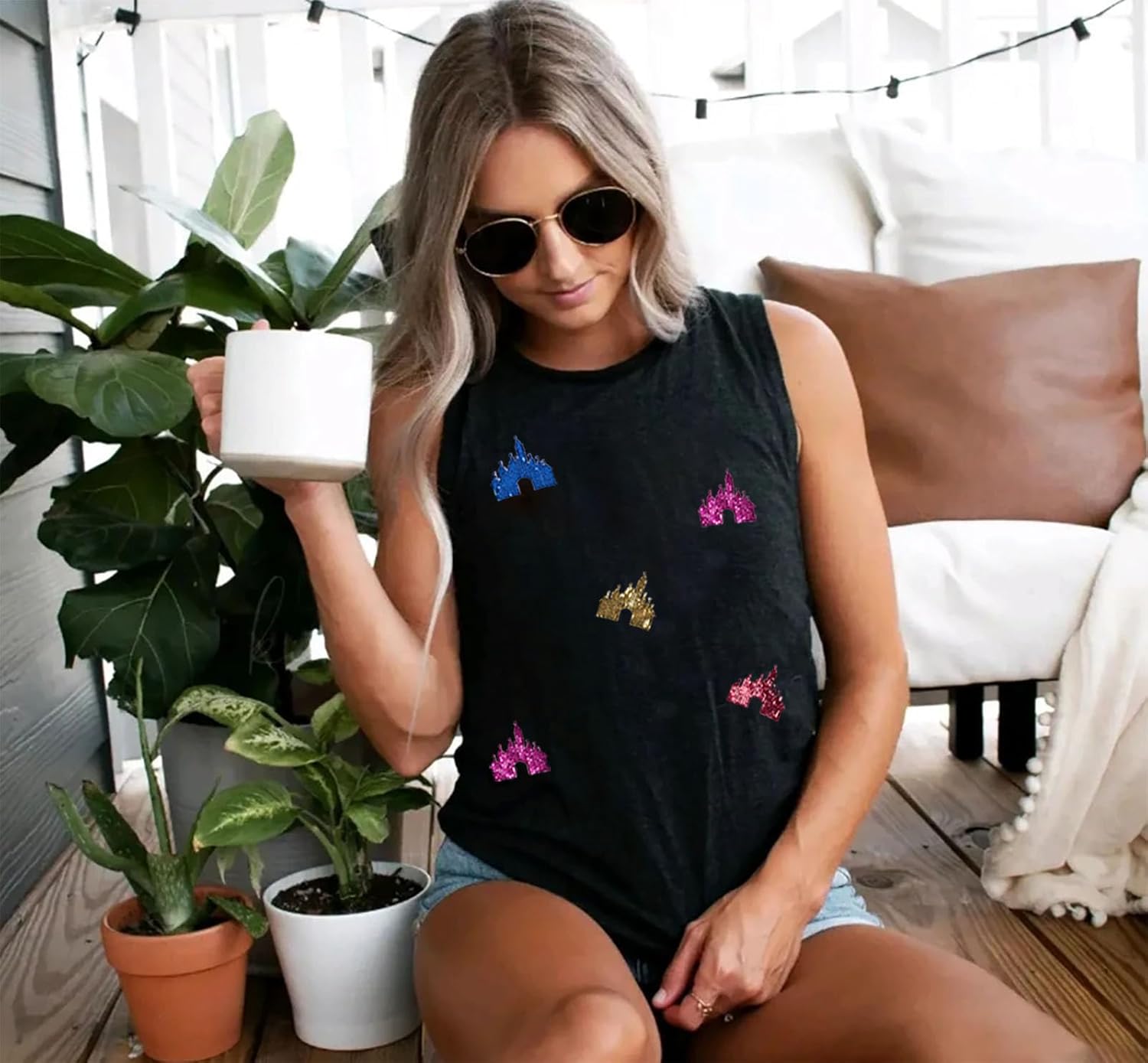 Magic Kingdom Tanks for Women Sequin Shirts Colorful Castle Graphic Sleveless Top Holiday Vacation Tank Tops - Image 3