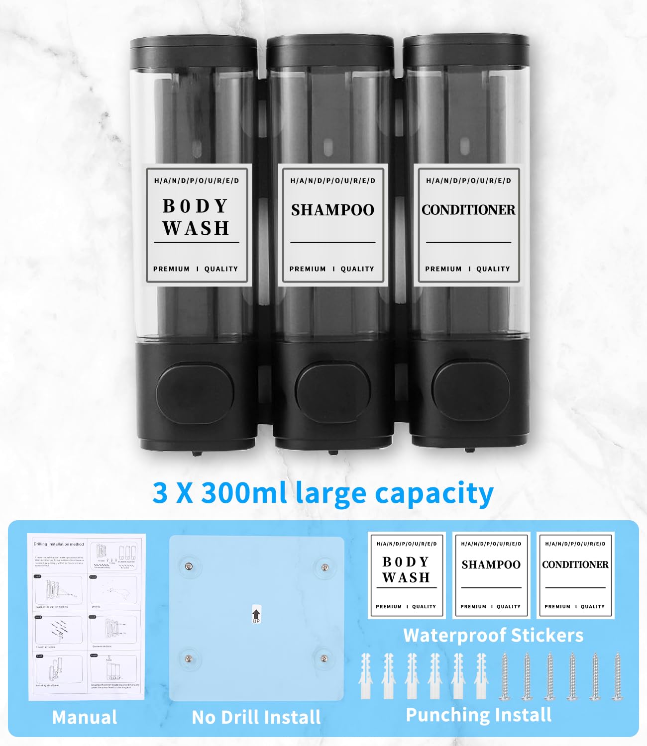 Dispenser Sapone Doccia 3x300ml Zaxiva | Senza Trapano Con Adesivo | Etichette Impermeabili | Nero - Foto 7