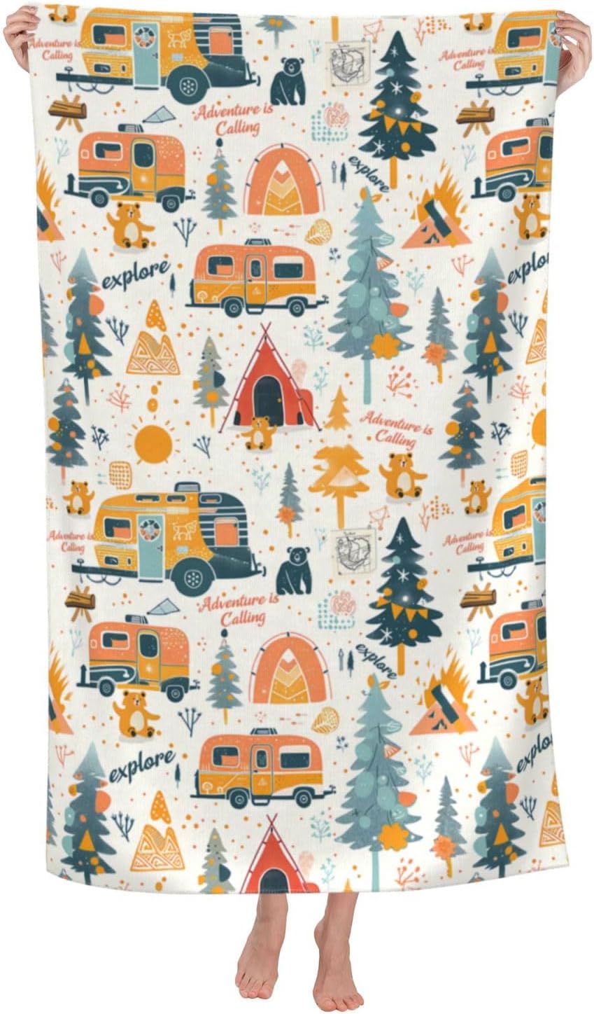 Camping Adventure Beach Towel, 32x52in Microfiber Quick Dry Camper Tent Tree Bath Towels, Soft Lightweight Oversized Sand Free, for Travel Pool Swimming Gym Decor, Gifts