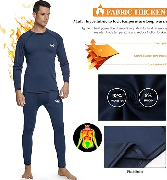 Men's Skiing Thermal Underwear Set Base Layers Winter Gear Compression Long Johns with Fleece Lined