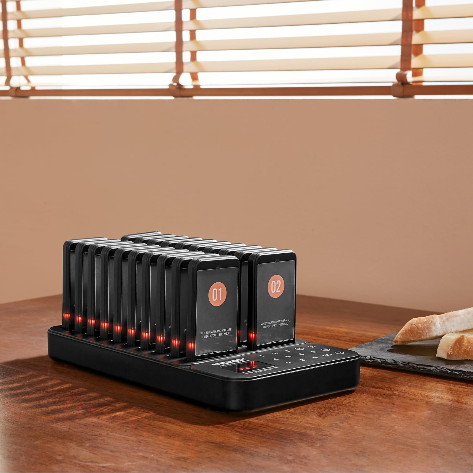 VEVOR Sistema de Buscapersonas Inalámbrico para Restaurantes Largo Alcance de 400m Buscapersonas para Hacer Colas con Vibración y Parpadeo 20 Zumbadores Cuadrado para Restaurantes, Cafeterías, Tiendas