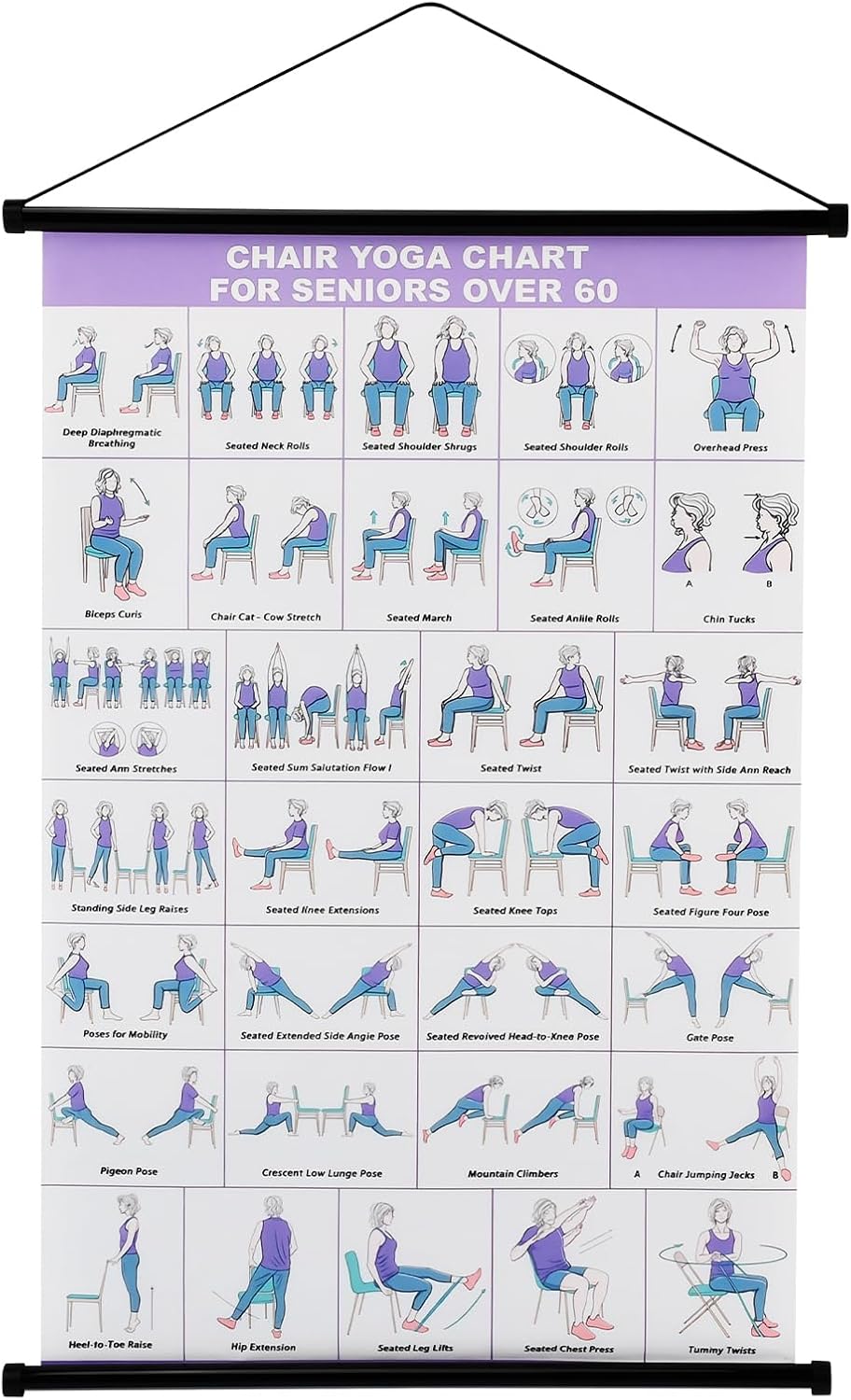 Chair Yoga Wall Chart, 31 Poses Free Weight Body Building Guide, Seated Exercise Poster with Hanging Rod & Rope, Yoga Positions & Stretching Workouts for Home or Office Use, 24*16inch(SIZE:24*16inch)