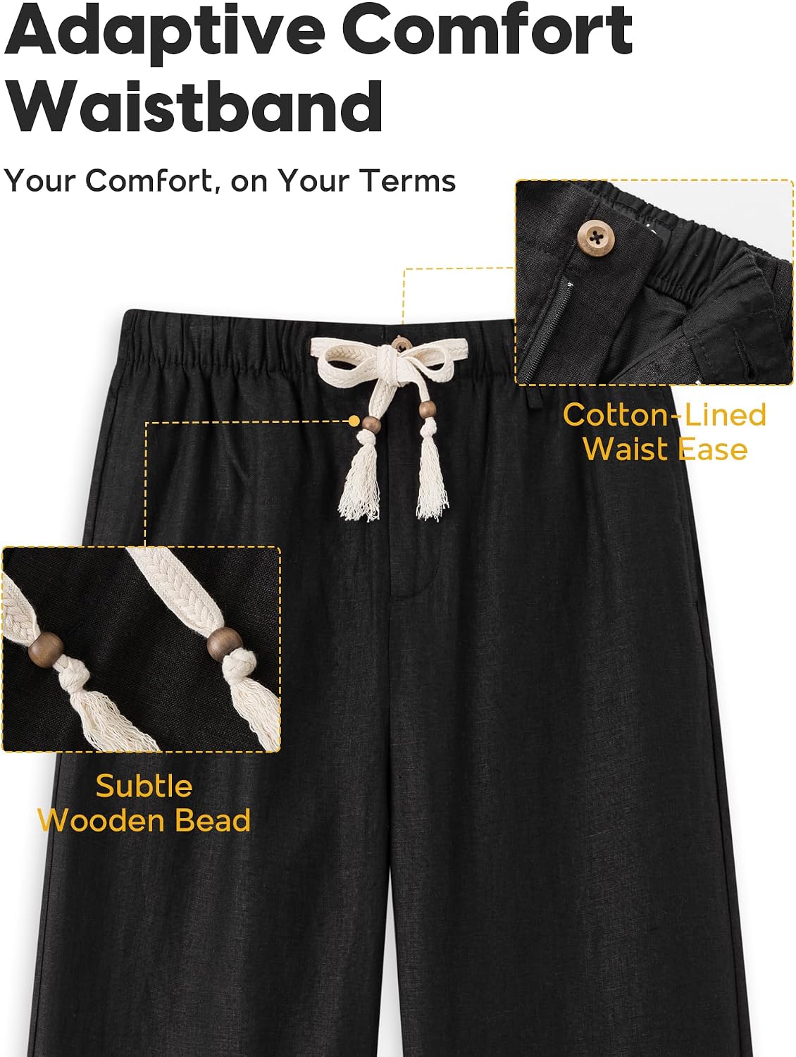 maamgic Mens 100% Linen Pants 2 in 1 Casual Pants for Summer Beach Vacation Drawstring Elastic Waist Trousers