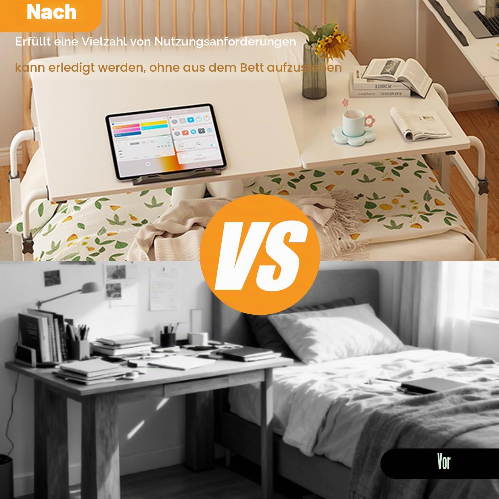 Überbetttisch Mit Rollen, Betttisch Verstellbarer Höhe Länge Mobiler Schreibtisch Über-Betttisch Beistelltische Fürs Wohnzimmer Drehbarer Laptopständer Für Bett Sofa Büro 120 * 40CM Weiß