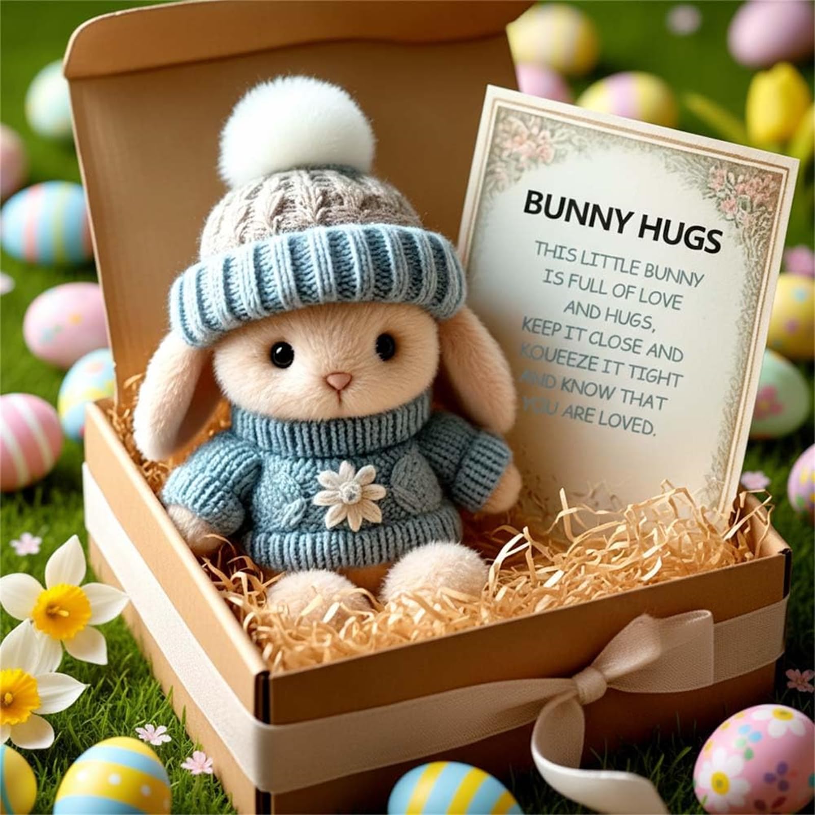 Handmade Mini Bunny Hug Cute Easter Gift, 2026 New Soft Plush Rabbit Mini Bunny Hugs in Box with Card, Easter Basket Rabbit Stuffer Women Men (Blue)