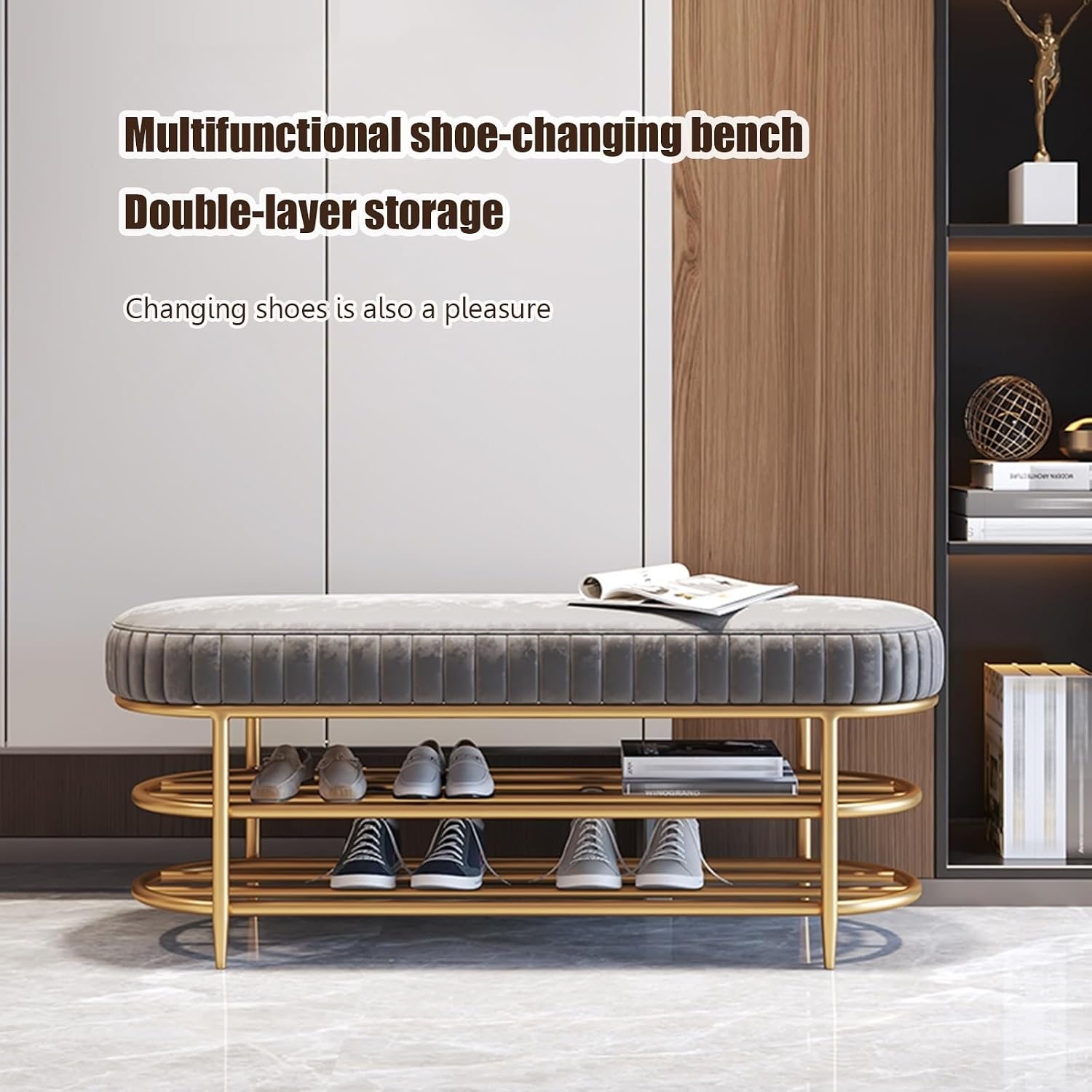 Shoe Rack Bench Entryway,3 Tier Upholstered Shoe Storage Bench,Shoe Rack Metal Frame for Front Door Entrance, Shoe Rack Organizer for Entry, Hallway, Bedroom, Living Room(Gray,60 * 32 * 45cm)
