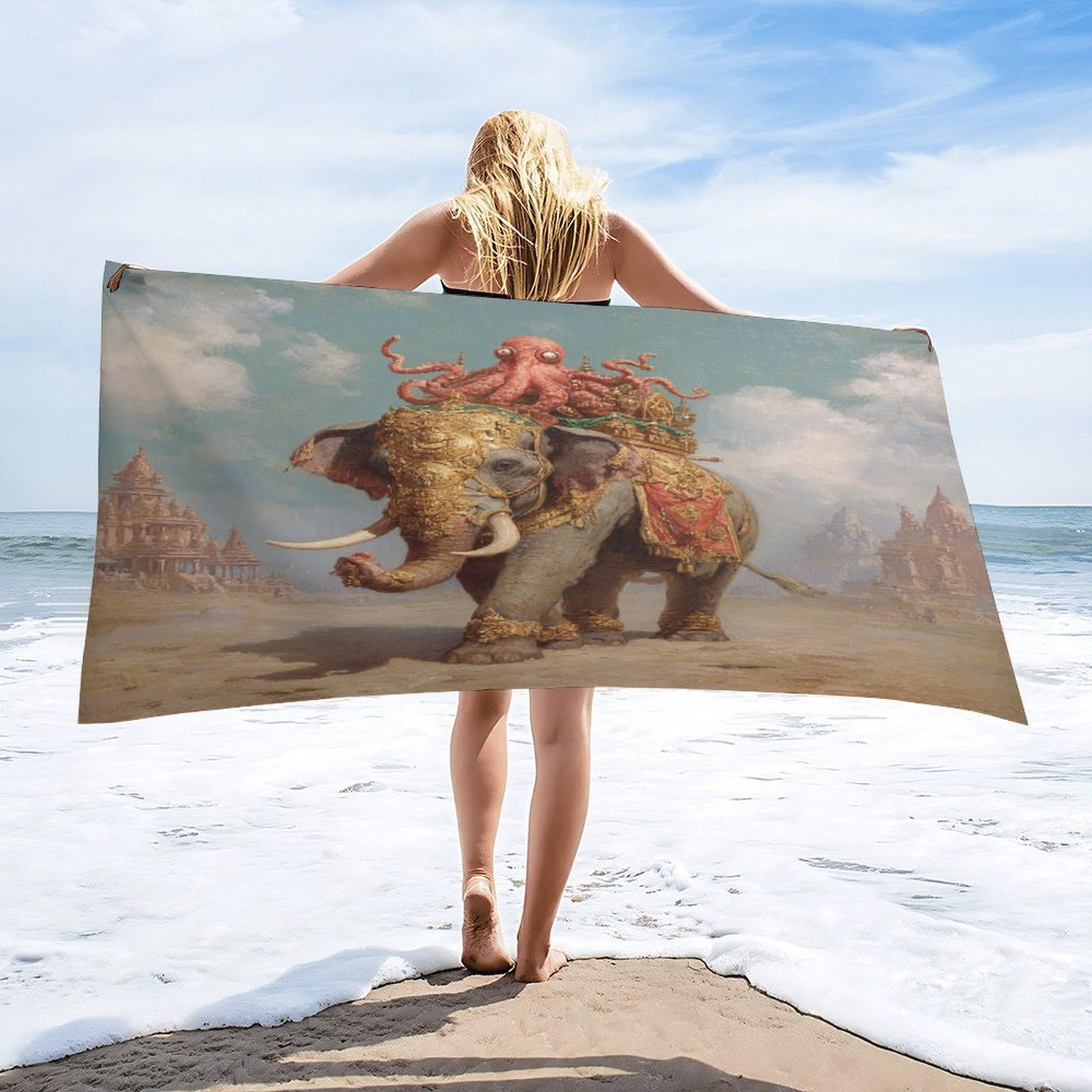 Luyysky Vintage Exotic Sea Octopus Absorbent Beach Towel, Fantasy Abstract Indian Aesthetic Tropical Animal Elephant Octopus Outdoor Single-Sided Velvet Beach Towel-80 W Cm X 160" L Cm
