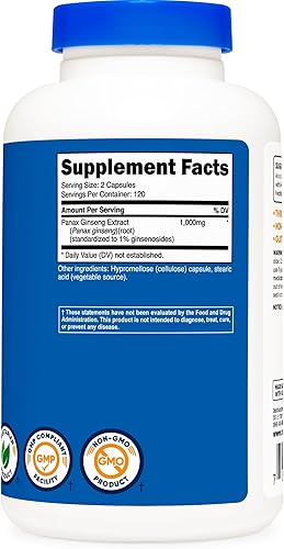 Miniatura 5 de Nutricost Panax Ginseng 1000 mg, 240 cápsulas (2 botellas) - Sin OMG, sin gluten, 120 porciones