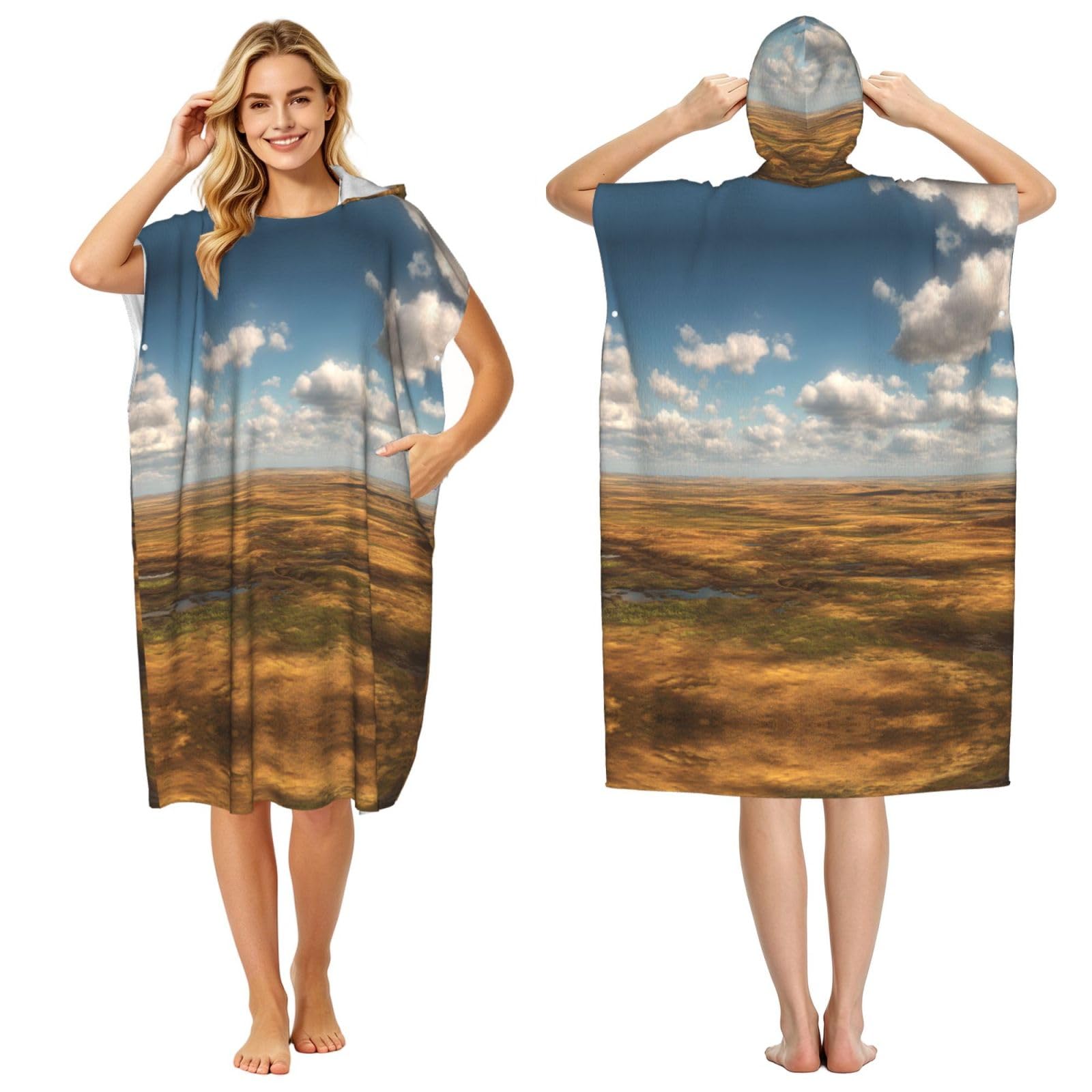 ESNAIUVCD Vast Grassland Expanse Print Changing Robe, Hooded Towel Poncho For Swimming Pool, Beach,Quick Dry & Light Weight Towelling Poncho For Adults Women Men