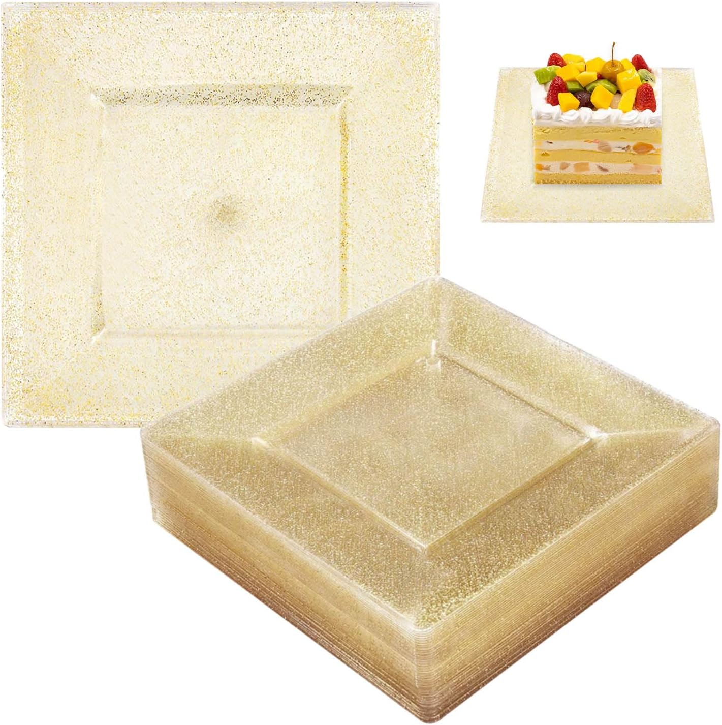 Plastic Plates, Pack of 10 Plastic Plates, 16.5 cm Plastic Plates, Reusable, Transparent Gold Plates, Plastic, Square Plastic Plates, Suitable for Weddings, Parties, Birthdays, Christmas