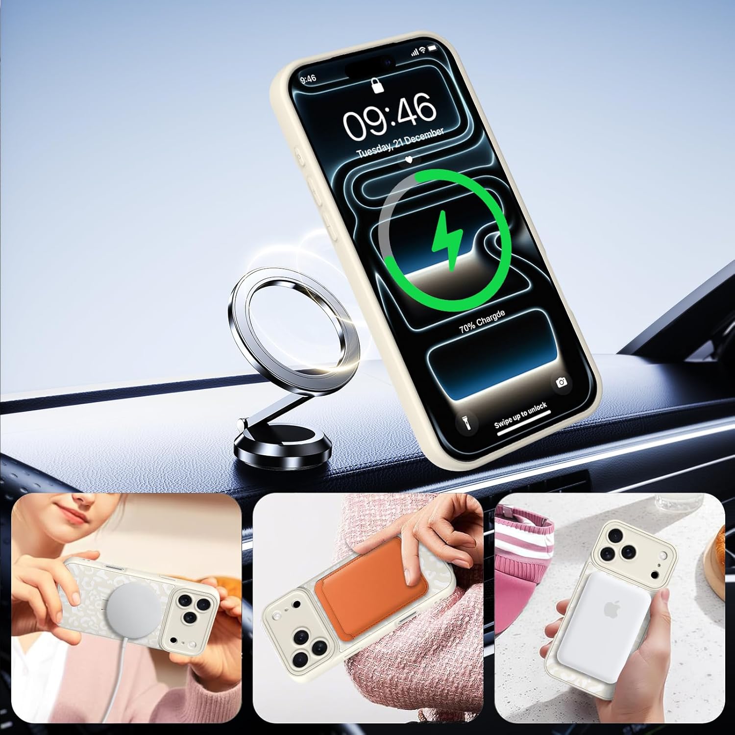 DOTARA Compatible with iPhone 17 Pro Max Case with Finger Strap Kickstand, White Leopard Cheetah Pattern Compatible with Magsafe, Camera Protection Shockproof Slim Cover for Women Girls - Image 3