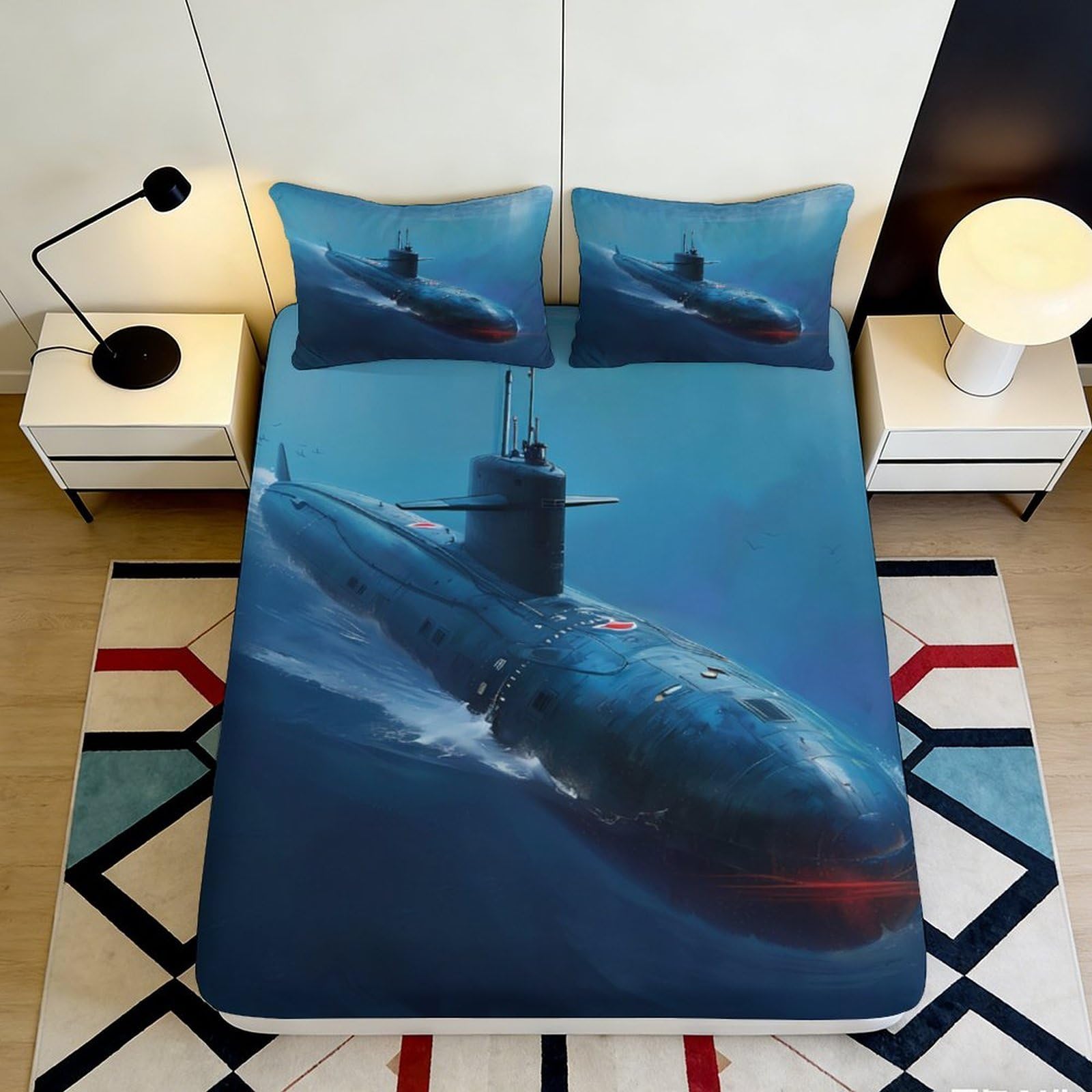 3D Printed Submarine Ocean Fitted Sheet Microfiber Soft Breathable Underwater Bed Cover for Bedroom Guest Room Decor 90x200x25cm