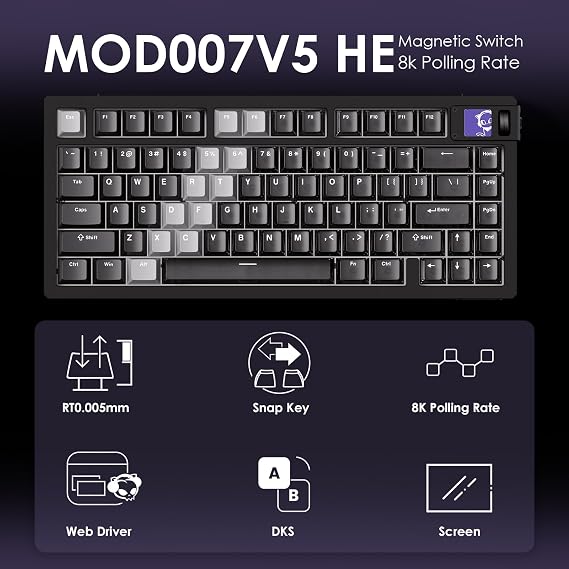 Akko MOD007 V5 HE Wired Rapid Trigger Gaming Keyboard Quick Release Aluminum Black and Transparent Keyboard with Personalized Screen Aluminum Plate Purple, Astrolink Switch