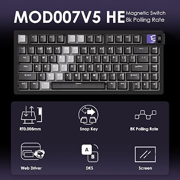 Akko MOD007 V5 HE Wired Rapid Trigger Gaming Keyboard Quick Release Aluminum Black and Transparent Keyboard with Personalized Screen Aluminum Plate Purple, Astrolink Switch