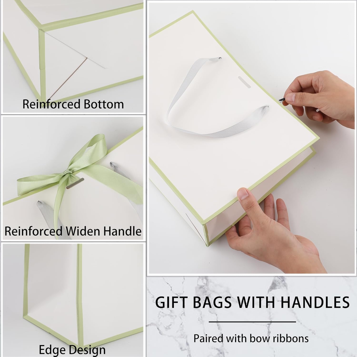 STOBOCTER 12 Pcs Thank You Gift Bags with Handles 12.6x4x9.1'' Elegant Paper Gift Bags with Bow Ribbon Gift Wrap Bags for Wedding Bridal Shower Father's Day Housewarming Birthday(White, Sage Green) - Image 6