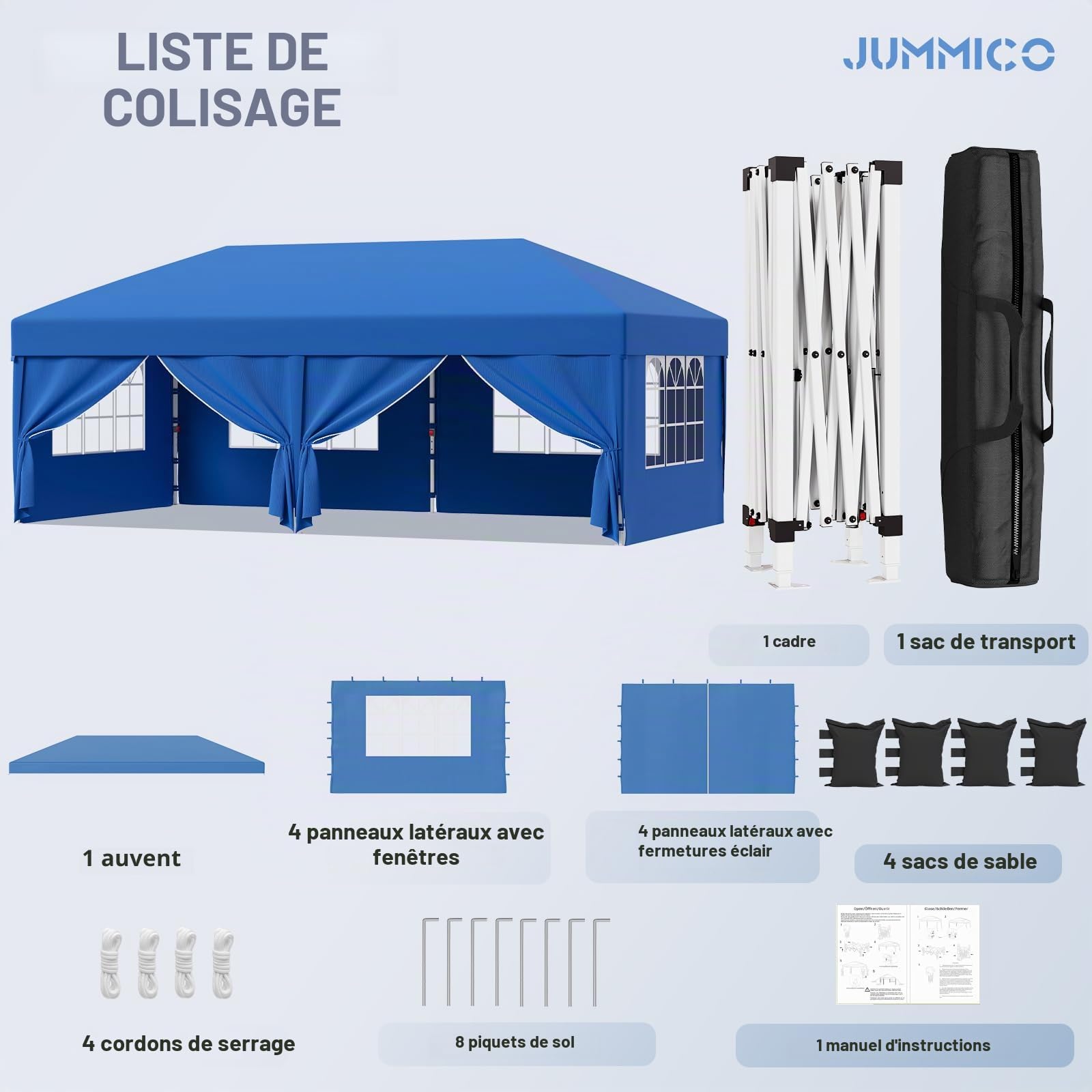 JUMMICO Tonnelle Pavillon Pliable 3x6m à Montage Rapide｜Assemblage en 5 Minutes｜Hauteur Réglable & 10cm Plus Haut｜Stable au Vent & Imperméable｜pour Jardin, Camping & Fêtes Bleu