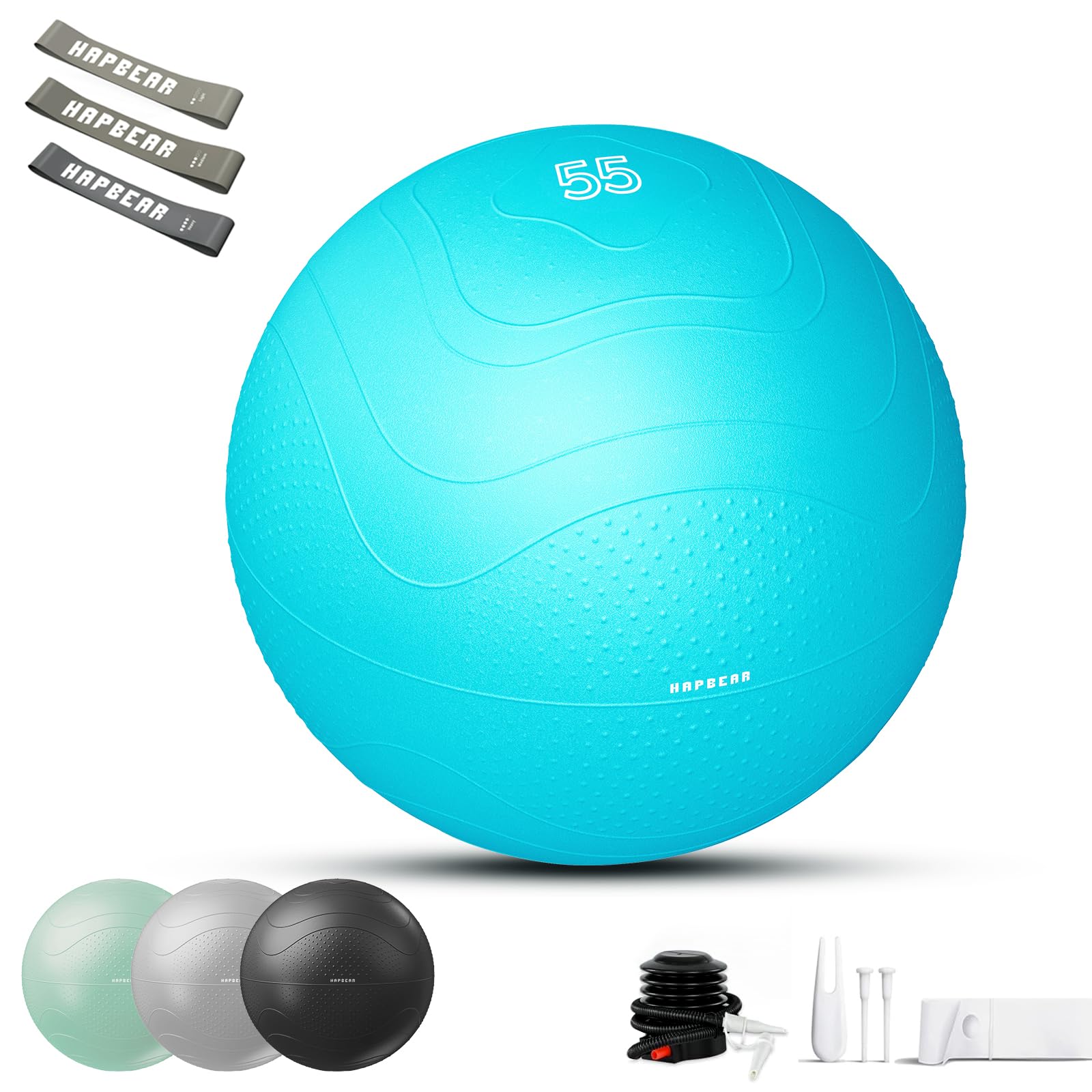 HAPBEAR Exercise Ball 48-55cm - Anti-Burst Slip-Resistant Yoga/Pilates Ball for Core Training & Posture Improvement, Home Gym/Rehab/Pregnancy Ball, Quick Pump & 3 Resistance Bands Included