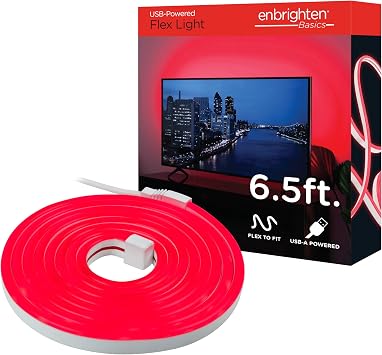 Enbrighten Neon Rope Light, LED Strip Lights, 6.5 feet, USB Powered Flexible Light, LED Strip, Gaming, Home Offices, Customizable, Red, 76627-T1