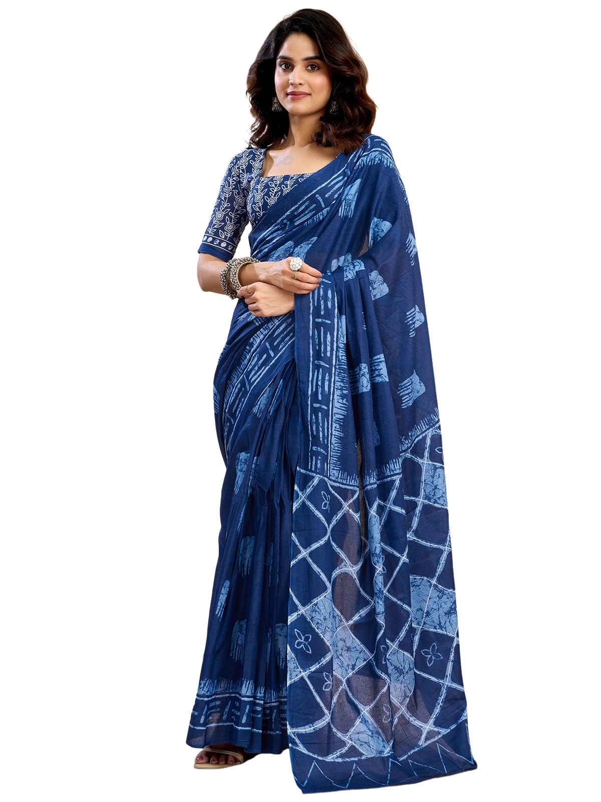 Satrani Women's Pure Cotton Printed Ready To Wear One Minute Pre Stitched Saree with Unstitched Blouse Piece