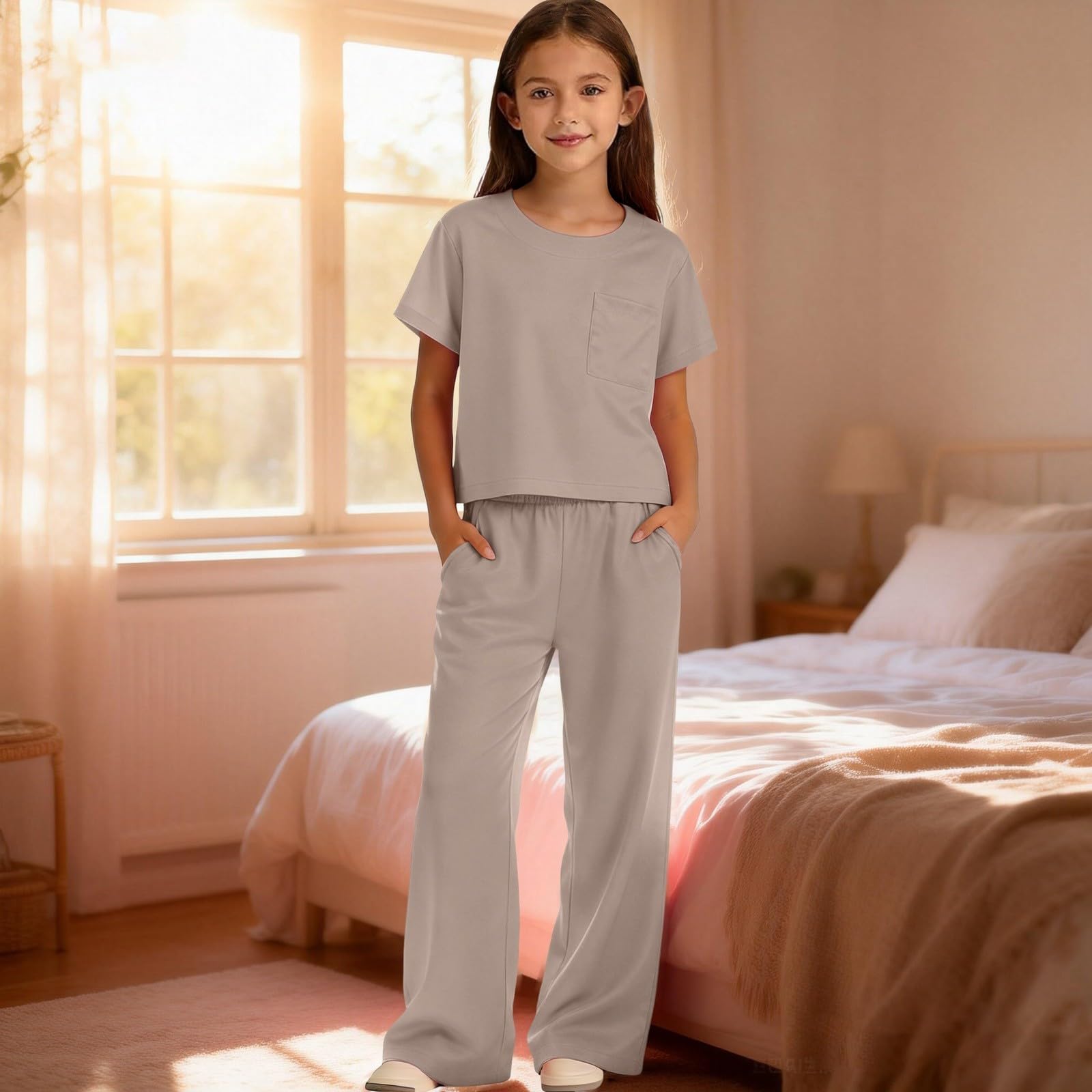 Mädchen Bekleidungssets Sommer Outfit 2-Teilig T-Shirt Und Weites Bein Hose Set Girls Mode Freizeitanzug Zweiteiler Kinderkleidung Einfarbig Outdoor Mädchenbekleidung Kinder