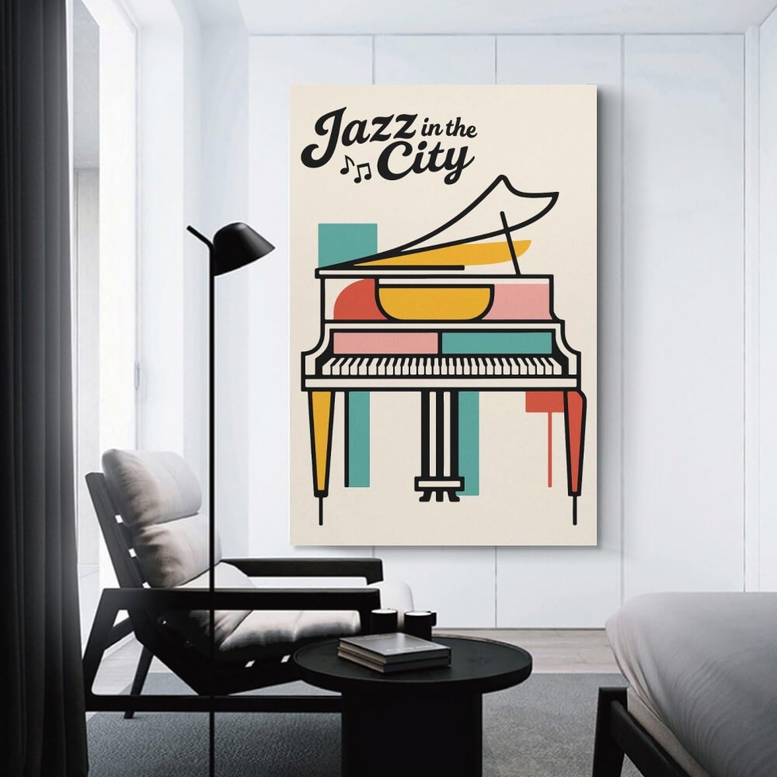 Junmoney Jazz in The City Piano Hanging Wall Art 20x30inch(50x75cm), for Feature Walls in Flats Or Modern Rooms, Home Wall Art for Statement Displays