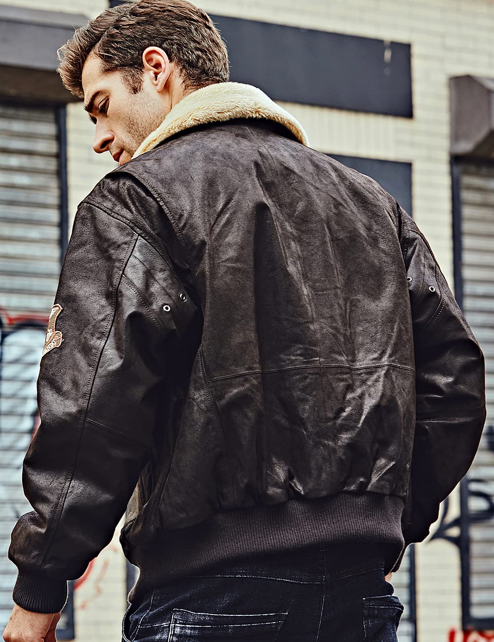 FLAVOR Giubbotto Bomber da Uomo in Vera Pelle con Collo in Pelliccia Removibile