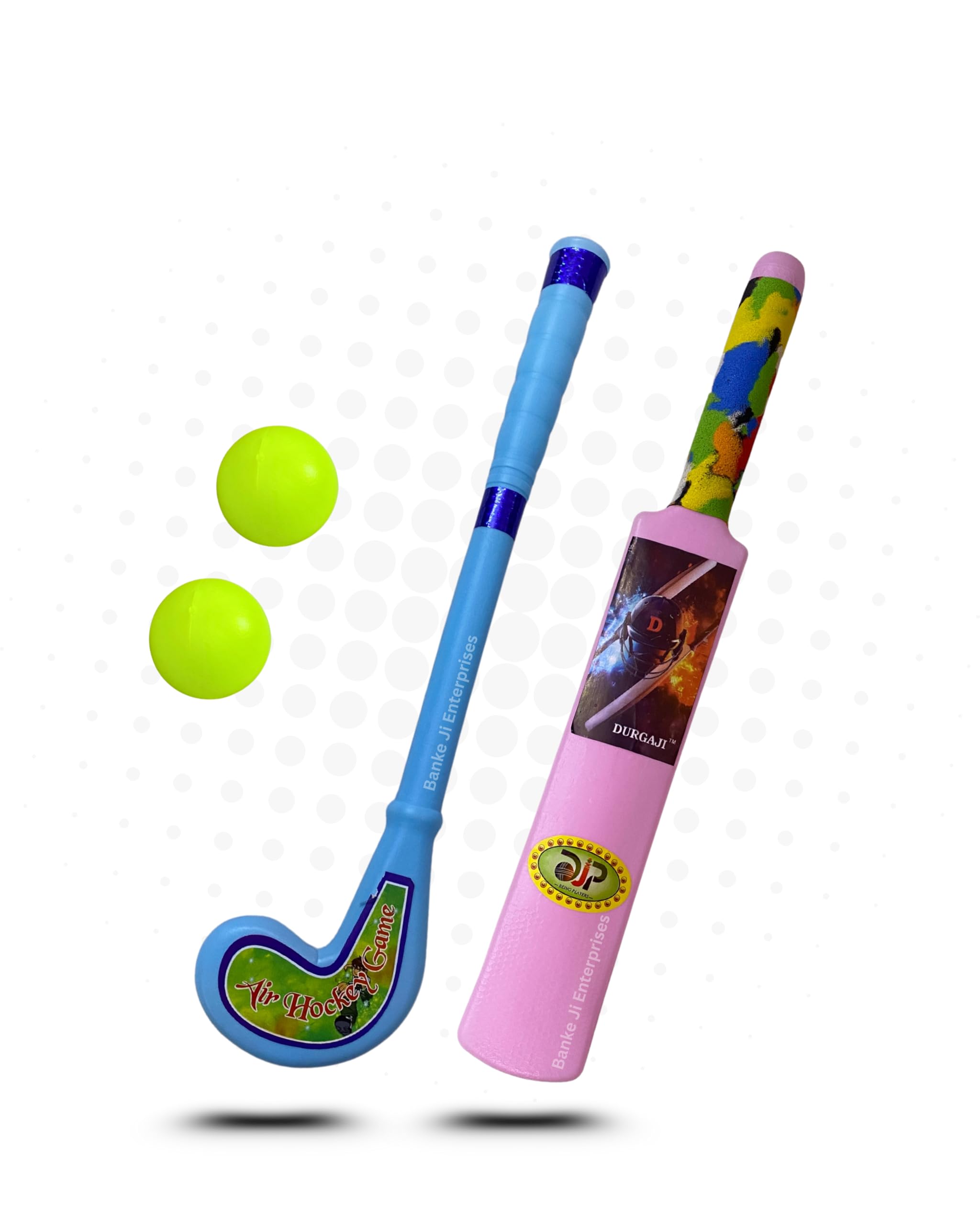 Banke Ji 3 in 1 Sports Combo - Cricket Bat, Hockey Stick, Tennis Racquet with Balls (Pink Cricket Bat, Blue Hockey Stick & Yellow Racket) 2