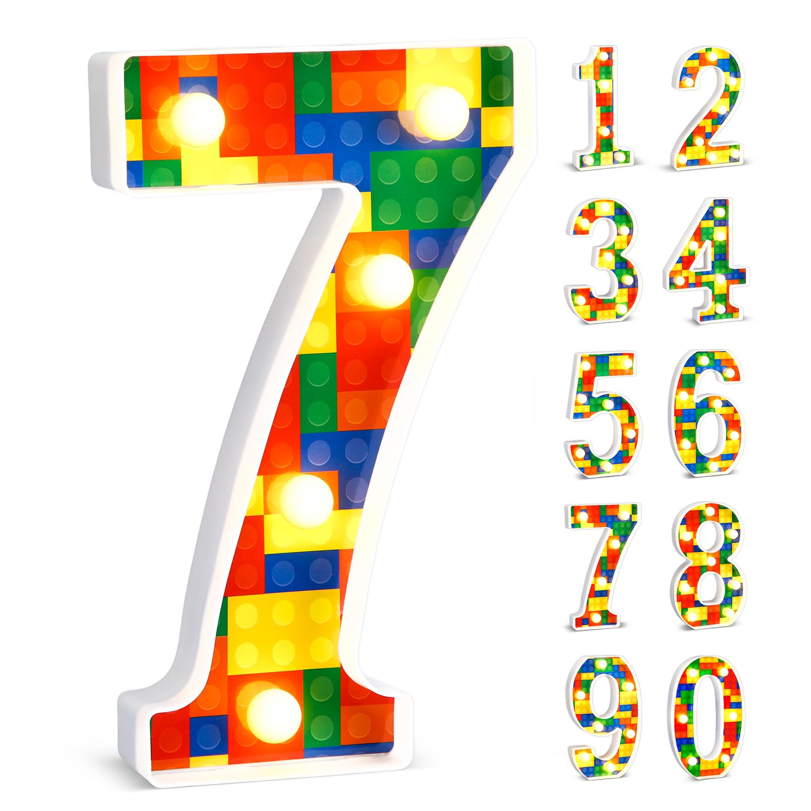 Baquler Bloque de construcción con números iluminados para decoración de cumpleaños, marquesina, números LED para fiesta, suministros para fiesta de cumpleaños, 8.58 pulgadas (número 7)