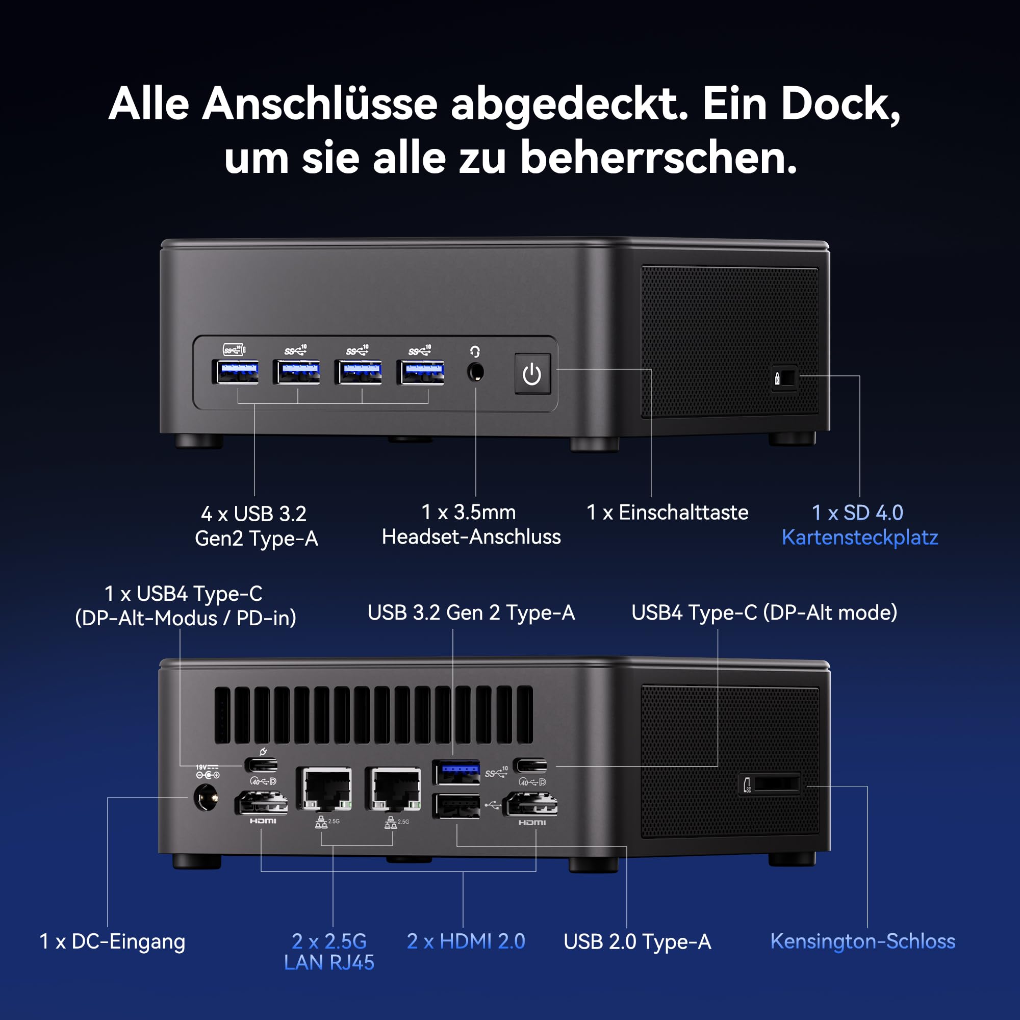 GEEKOM AI Mini PC IT13 Max[3 Jahre Garantie] mit Intel U9-185H, DDR5 RAM(Max. 128GB) & 1TB SSD(bis zu 4TB), Mini PC Windows 11 Pro mit Intel Arc Grafik, Dual 2.5G LAN, 2× USB4(20Gbps), WiFi 7, 8K