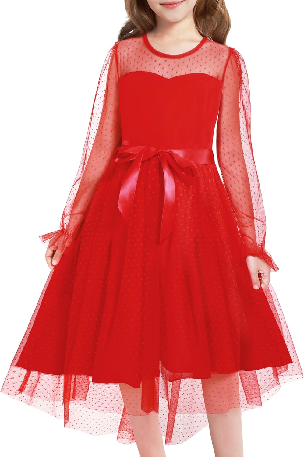 Girls Dresses Tulle Contrast Mesh Puff Long Sleeve Twirly High Low Holiday Birthday Party Formal Dress for 9-16 Years