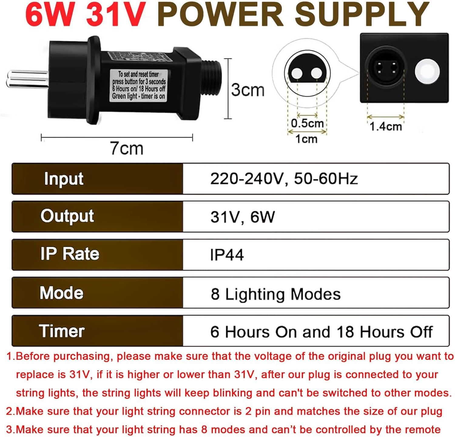 Cozymeow Trasformatore Luci di Natale 31V 6W Alimentatore, 9 Modalità Presa a Intermittenza con Timer, IP44 Adattatore Luci Natale, Ricambio 2 pin Spina per Luci Stringa, Luci Albero di Natale