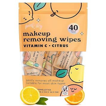 Pink Sky Makeup Remover Wipe for Face - Ultra Soft, Mini Makeup Wipes Individually Wrapped, Travel Makeup Wipe, Gently Cleanse & Remove, 40 Count (40 Wipes, VITAMIN C & CITRUS)
