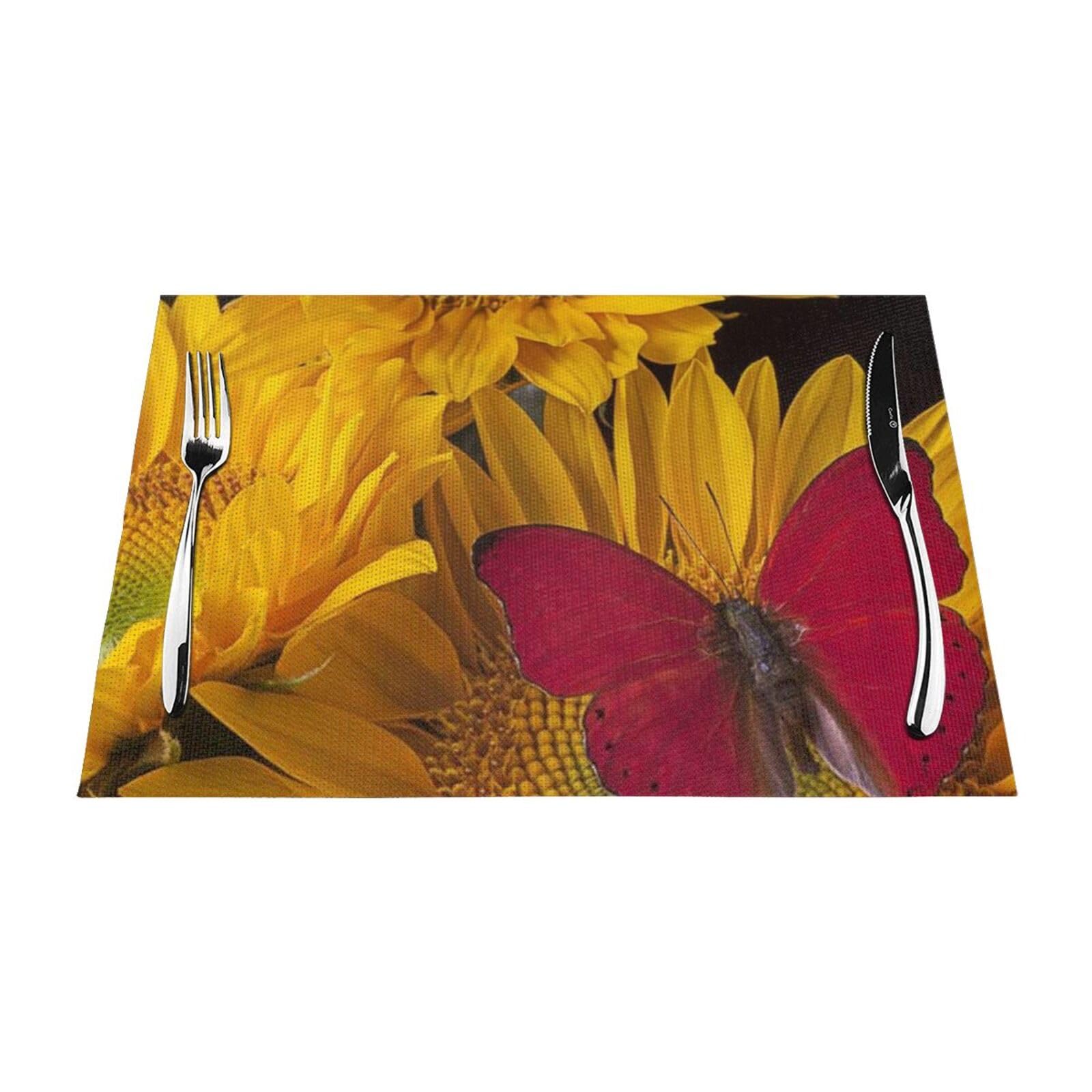 PVC Placemat Set of 1 PCS, 45x30 CM, Yellow Sunflowers with Red Butterfly Printed Non-Slip Heat Resistant Place Mats for Kitchen Dining Table Indoor Outdoor