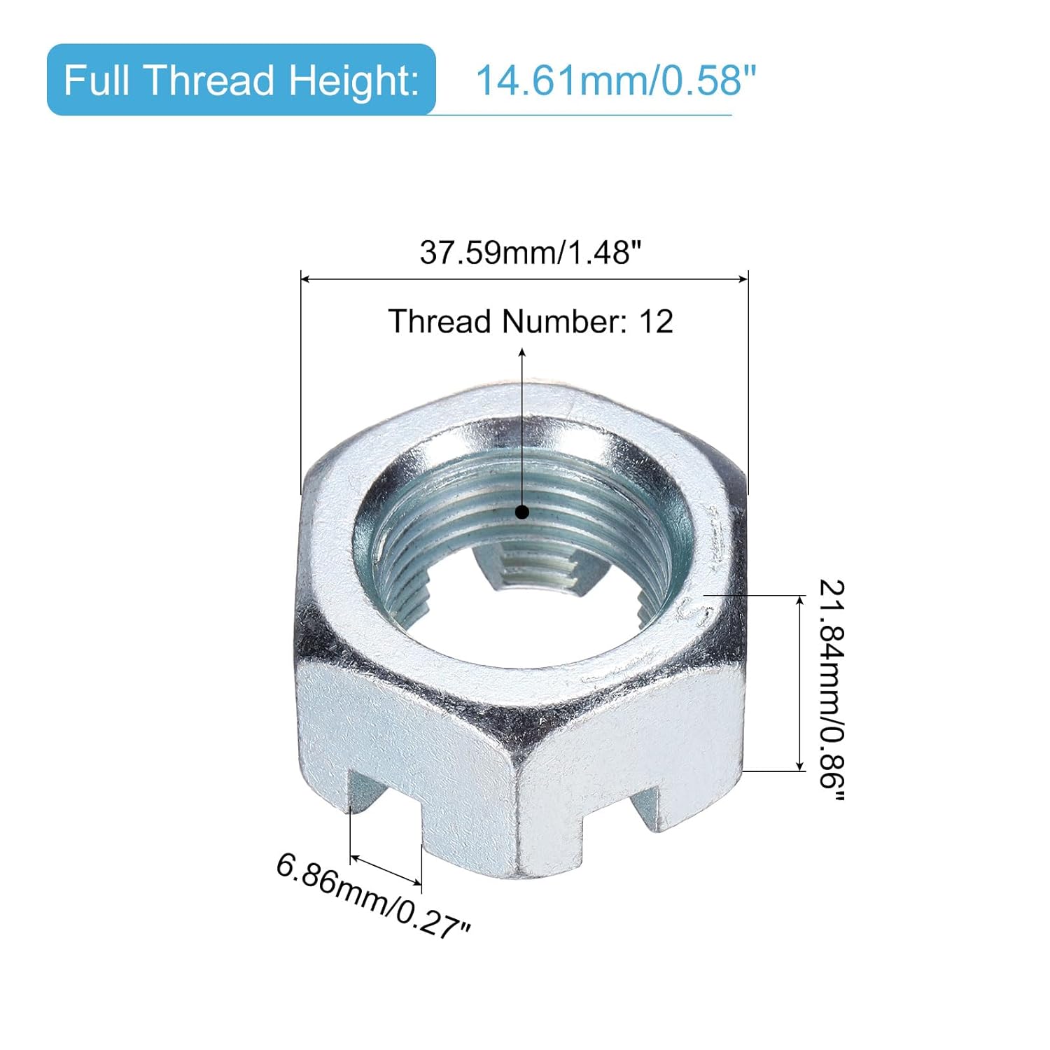 uxcell 1"-12 Hexagon Slotted Nut, Grade 6.8 Zinc-Plated Carbon Steel Hex Nuts Good for Machinery Repairing, Silver, 4Pcs